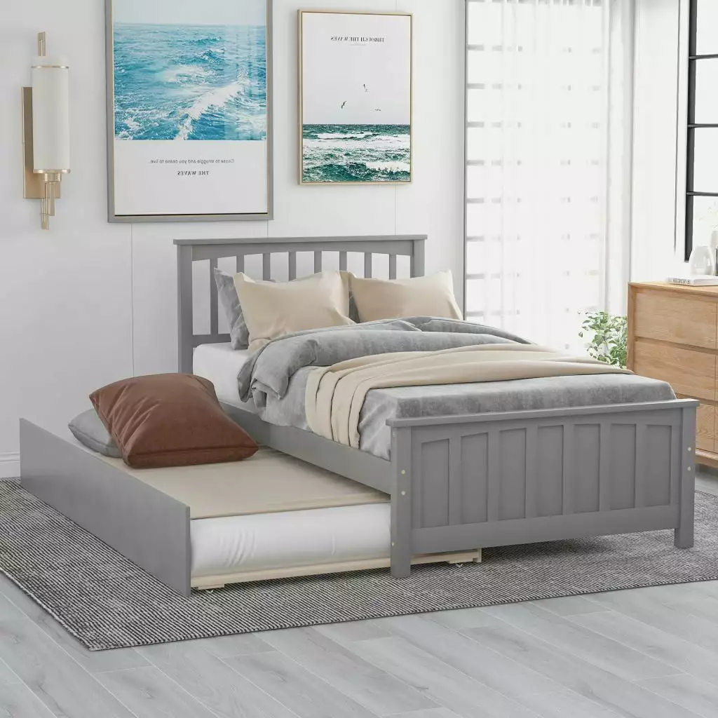 Twin Size Platform Bed with Trundle. Twin Bed Frame with Headboard. for Kids. Toddlers. Boys and Girls. Gray. 79.5L x 42W x 41.1H