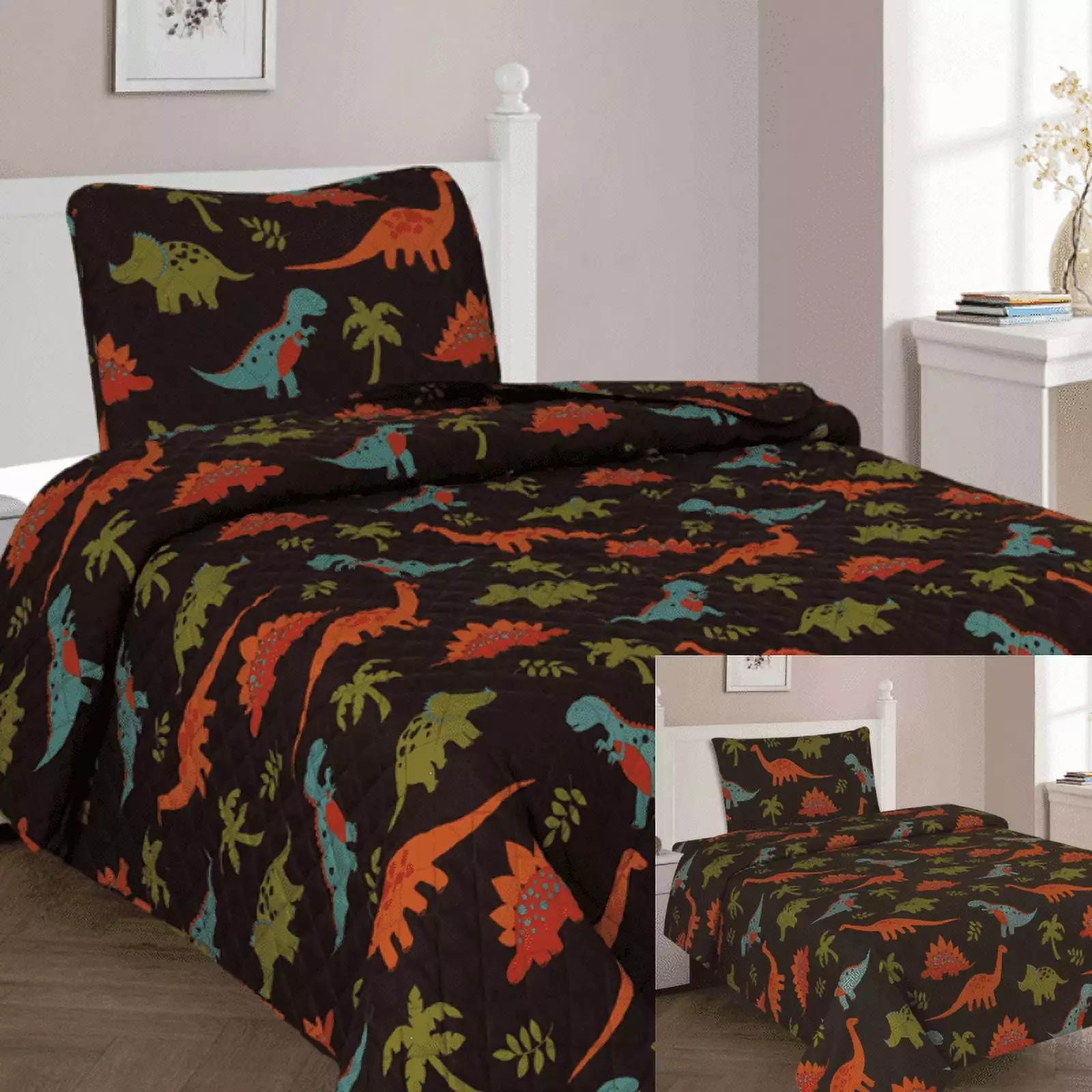 Twin Size Quilt Bedspread With Sheet Set 5 Piece for Kids Boy Girl Print Design Dinosaur Brown Bedding Machine Wash 1 quilt.1 Pillow Sham.1 Flat Sheet & Fitted Sheet. 1 Pillow Case