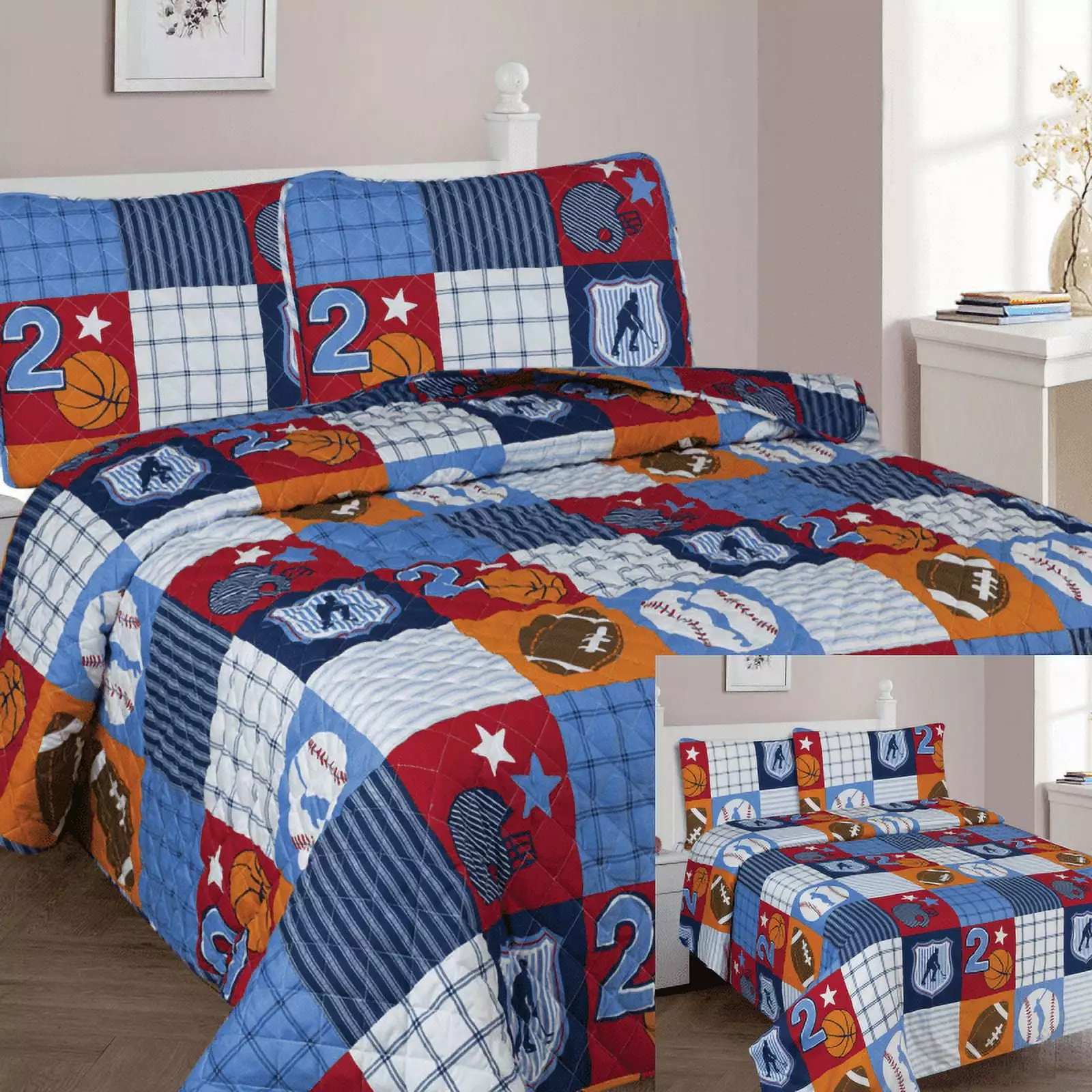 Twin Size Quilt Bedspread With Sheet Set 5 Piece for Kids Boy Girl Print Design Patchwork Bedding Machine Wash 1 quilt.1 Pillow Sham.1 Flat Sheet & Fitted Sheet. 1 Pillow Case