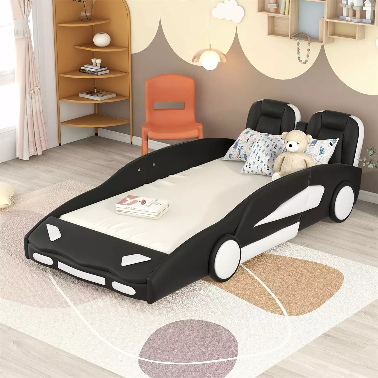 Twin Size Race Car Bed with Wheels. Wooden Platform Bed Frame with Support Slats. Race Car-Shaped Twin Floor Bed with Safety Guardrails for Kids. Boys and Girls. Black