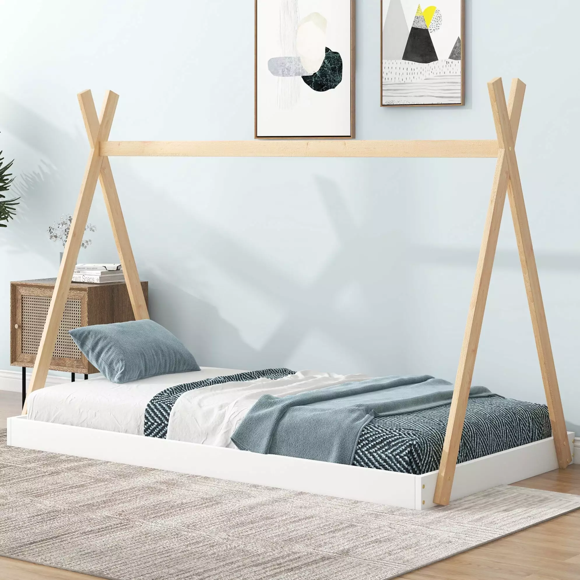 Twin Size Tent Floor Bed Frame with Triangle Structure. Teepee Platform Bed for Kids. Montessori Floor Bed for Toddlers Girls Boys. No Box Spring Needed(Twin.White+Natural)