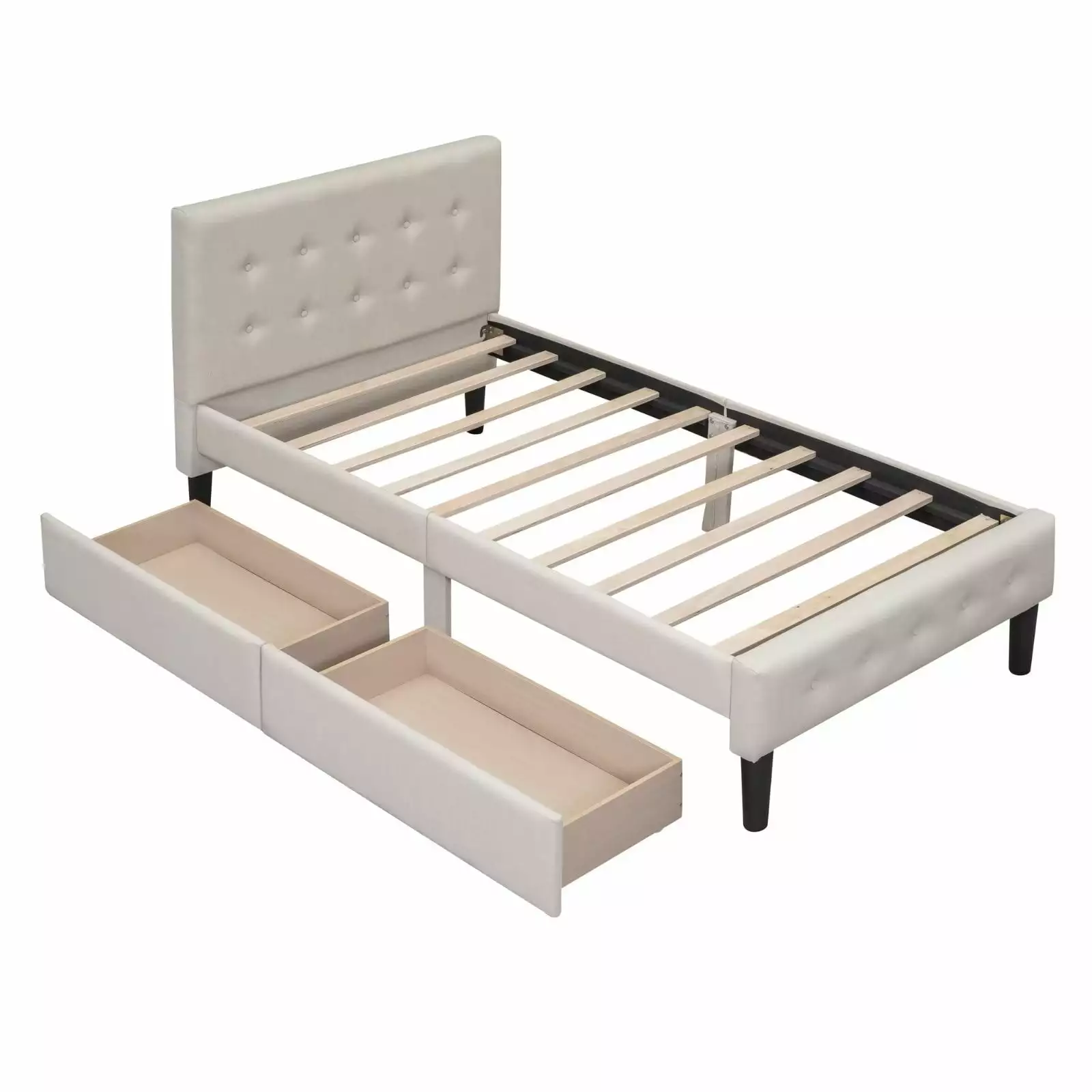 Twin Size Upholstered Platform Bed. Modern Bed Frame with 2 Storage Drawers and Button Tufted Headboard. Storage Bed with Sturdy Slats Support for Kids Adults Bedroom. Beige