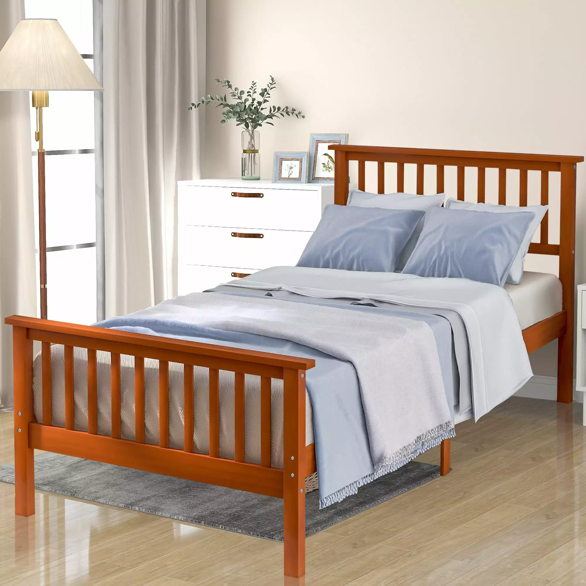 Twin Size Wood Bed Frame. Modern Bedroom Twin Platform Bed with Headboard and Footboard. Heavy Duty Wood Platform Bed Mattress Foundation. 275LBS Capacity. No Box Spring Needed. Oak