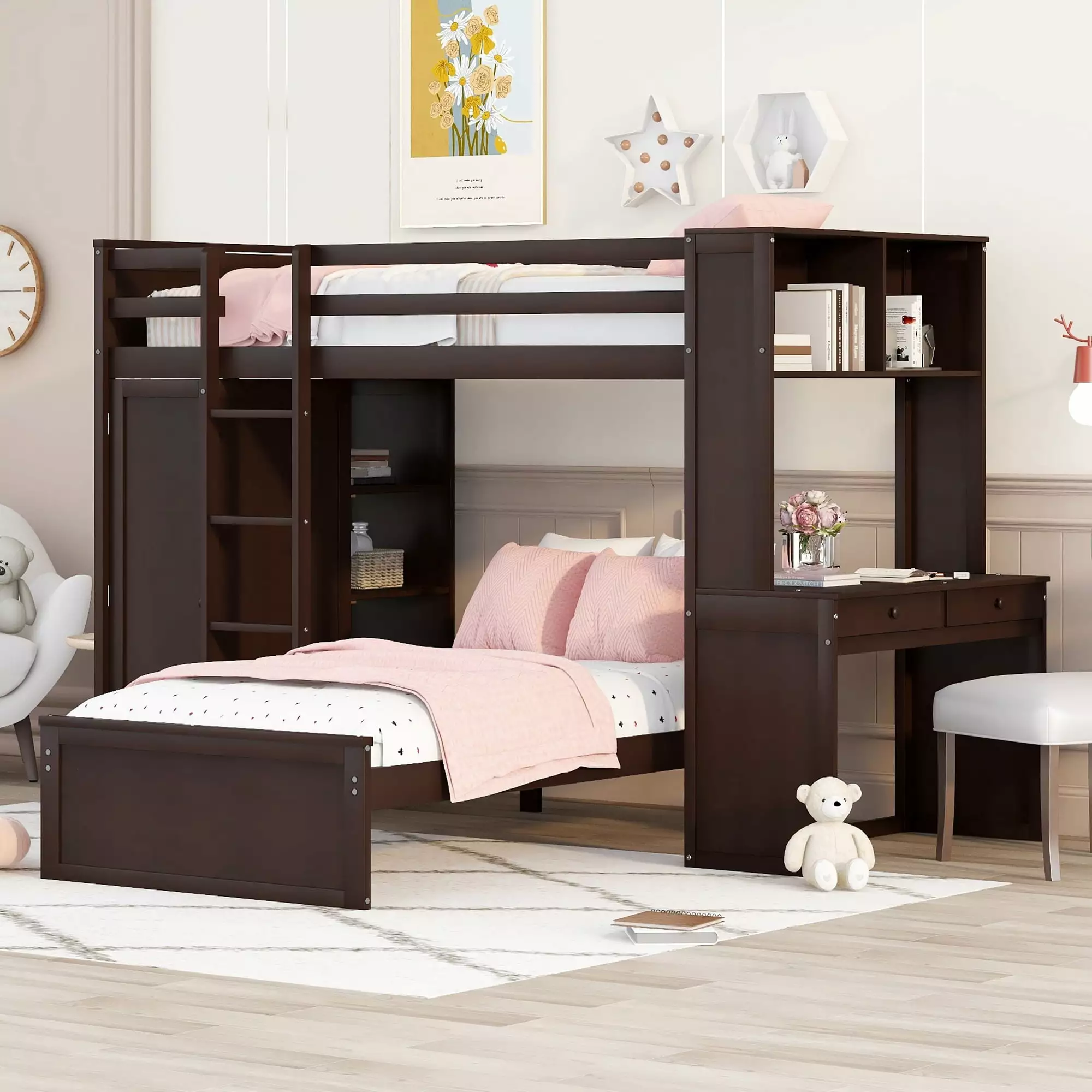 Twin Size Wood Convertible Bunk Bed with Storage Drawers and Shelves. Loft Bed with Desk and Wardrobe. Wooden Loft Bed Frame for Kids Teens. No Box Spring Needed. Espresso