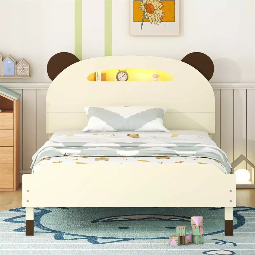 Twin Size Wood Platform Bed with Bear-shaped Headboard. Modern Bed Frame with Motion Activated Night Lights and Sturdy Slats Support. Perfect for Kids Boys Girls Bedroom. Cream+Walnut