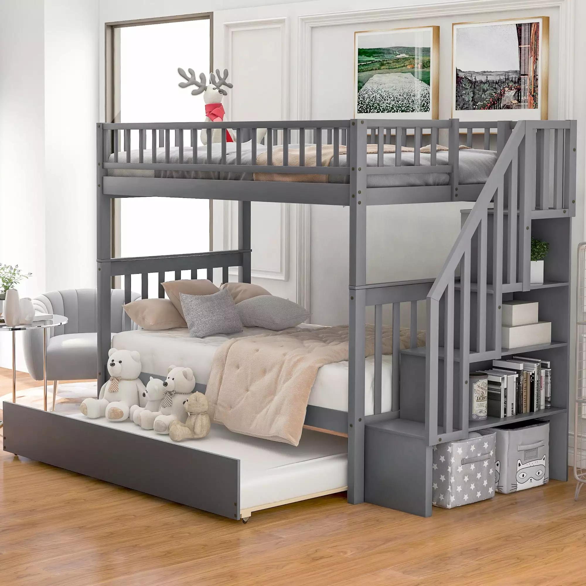 Twin over Twin Stairway Bunk Beds with Trundle Bed. Full-Length Guardrails Bunk Bed Convertible to 3 Platform Bed. Wood Bunk Bed with Storage Shelves for Kids Teens Adults. Space-Saving. Grey