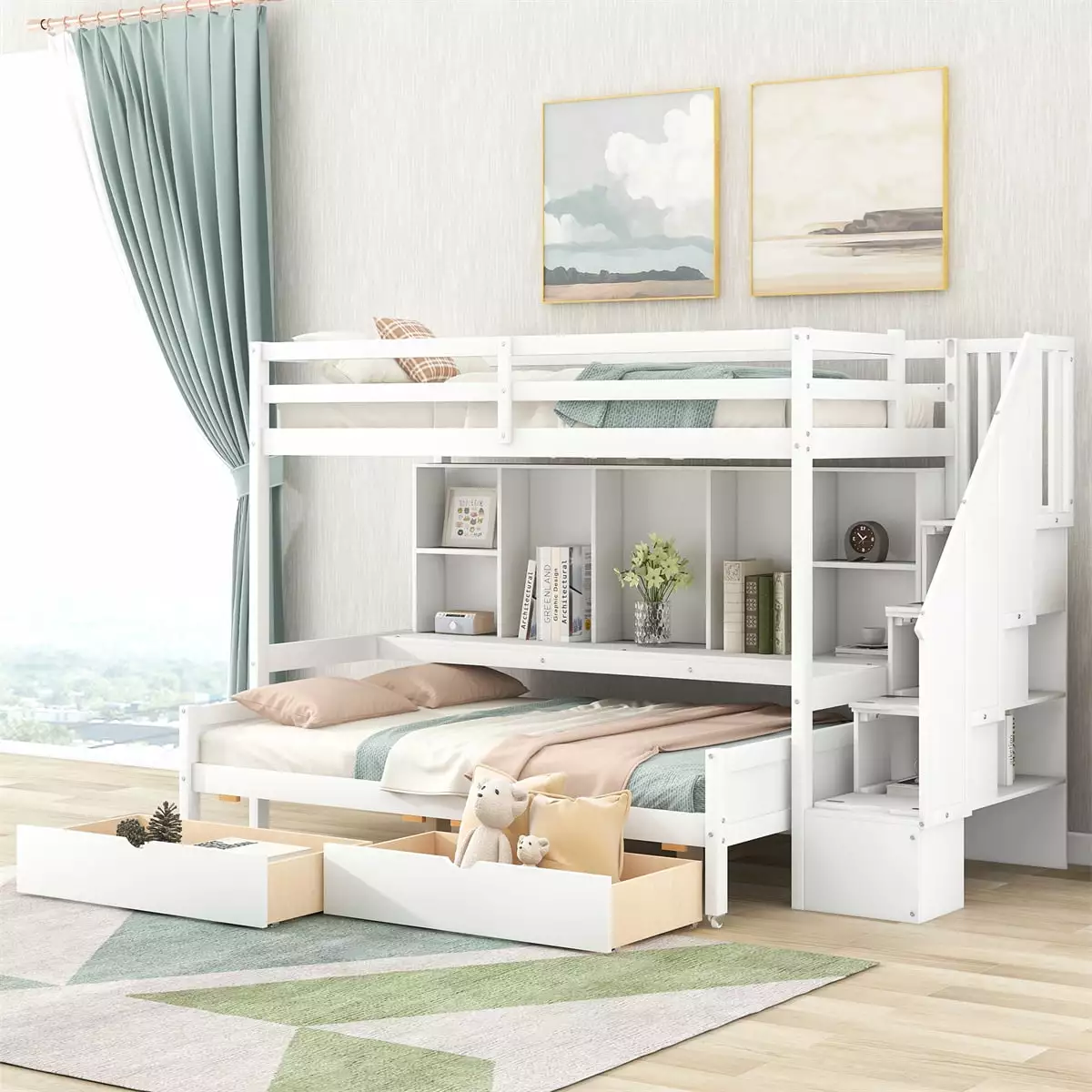 Twin XL Over Full Bunk Bed with Staircase. Wood Bunk Bed with Built-in Storage Shelves and Drawers for Kids Teens Adults. Space Saving Design Bed Frame for Bedroom Dorm. No Box Spring Needed. White