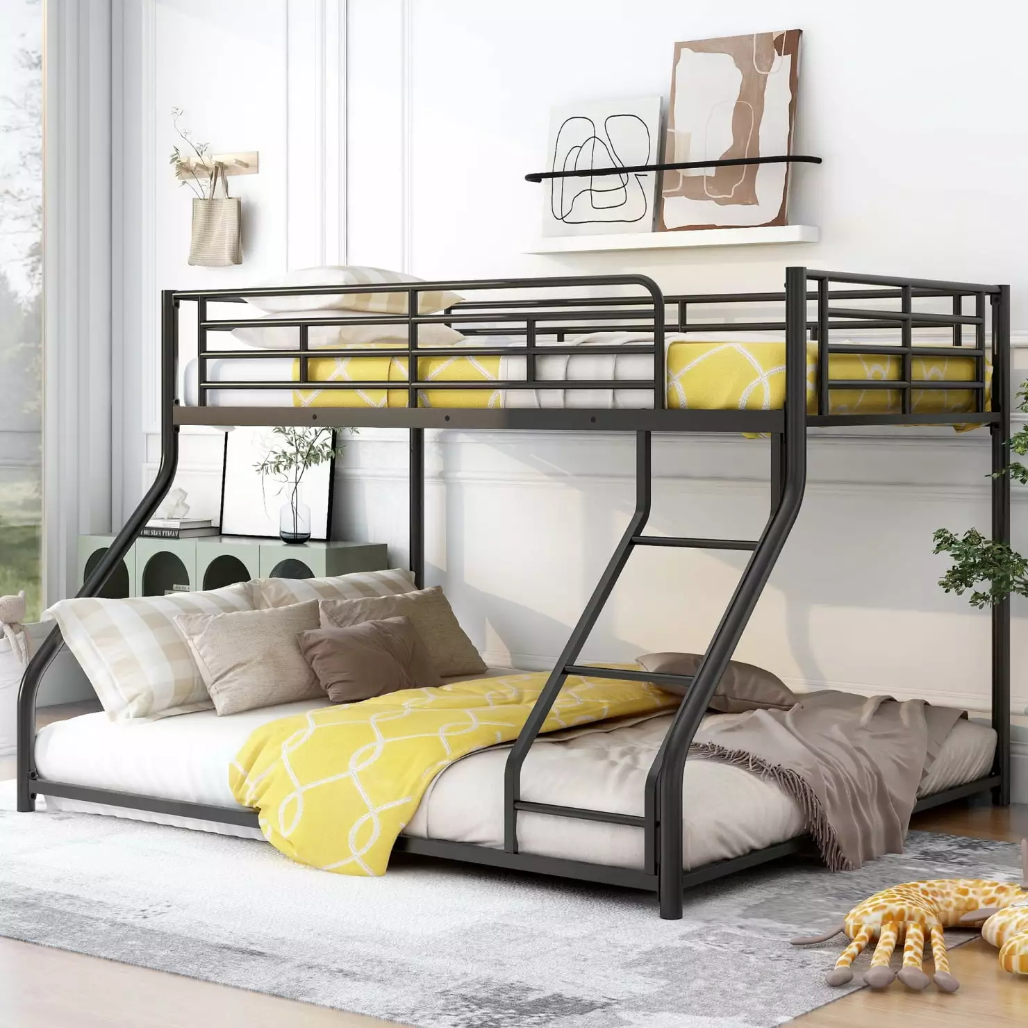 Twin XL Over Queen Bunk Bed with Ladders. Heavy-Duty Metal Bunk Bed Twin XL Over Queen Size for Kids Boys Girls Teens Adults. Modern Style Queen Size Bunk Bed. Black