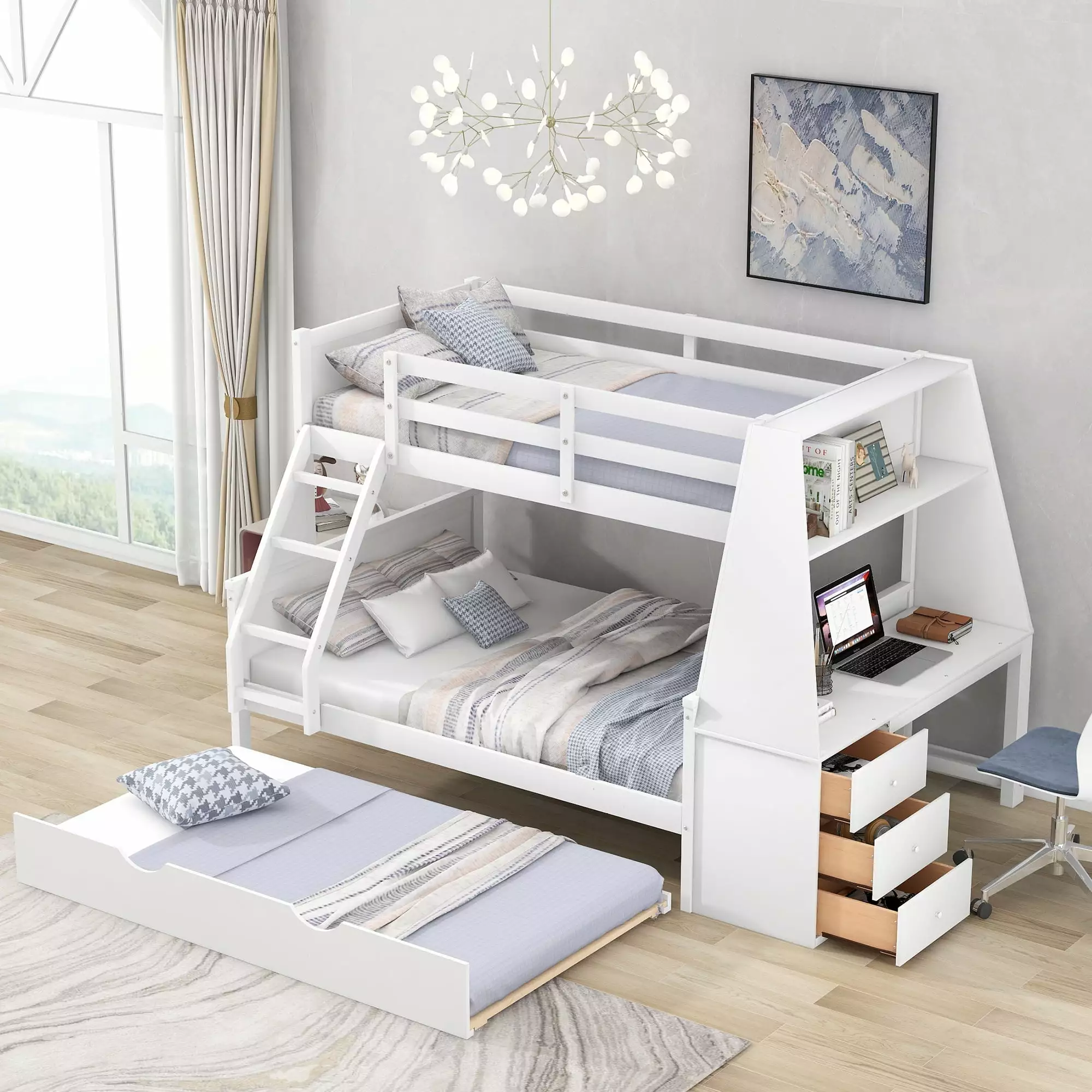 Twin over Full Bunk Bed with Trundle and Built-in Desk. Three Storage Drawers and Shelf. White 16AAK