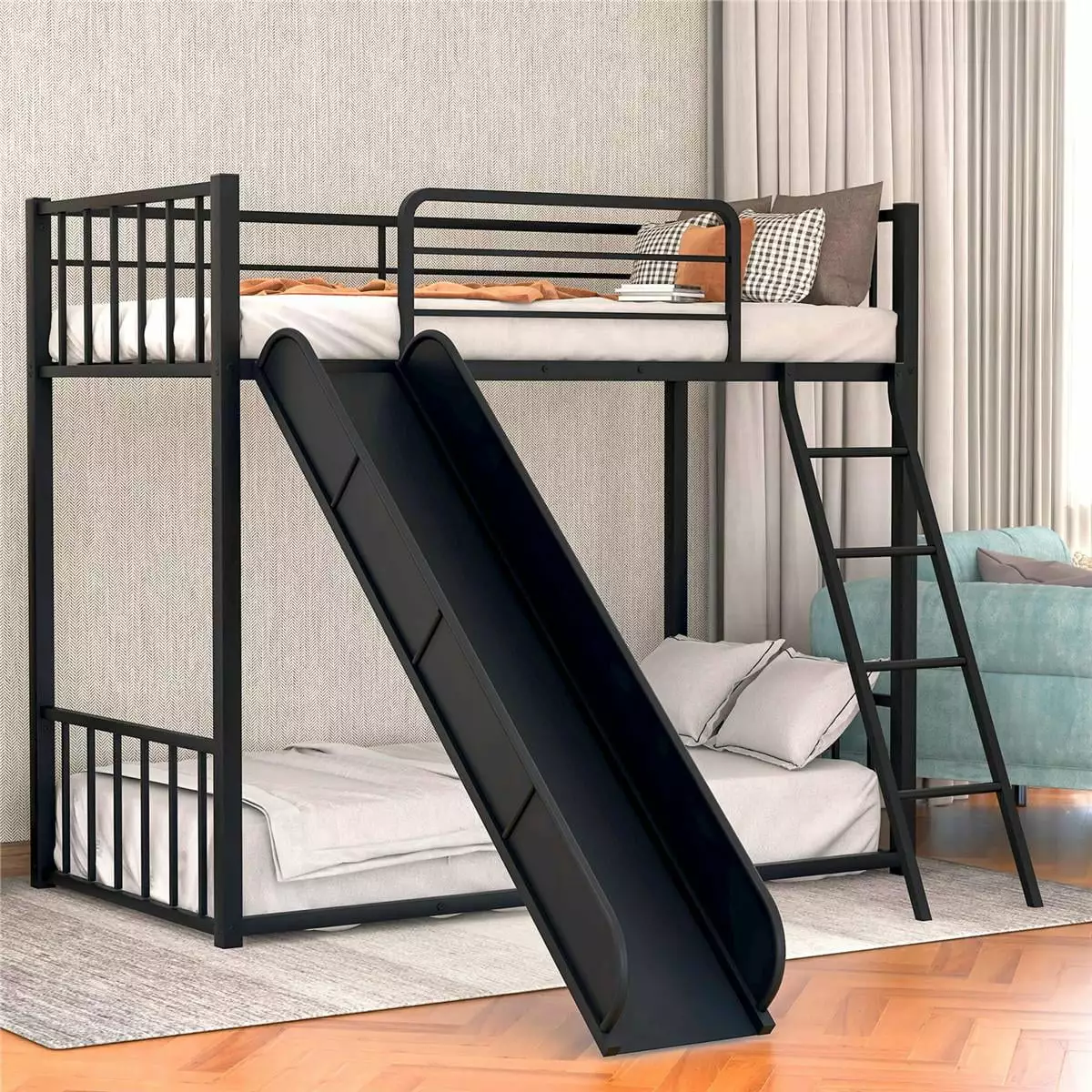 Twin over Twin Metal Bunk Bed with Slide. Heavy Duty Bunk Bed Frame. Easy Assembly with Enhanced Upper-Level Guardrail. Black