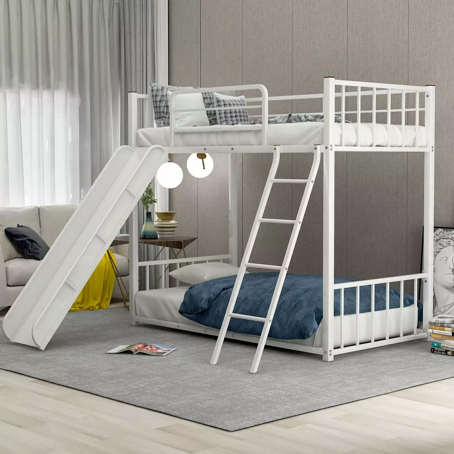 Twin over Twin Metal Bunk Bed with Slide and Ladder. Low Bunk Bed for Boy. Girls and Young Teens. No Box Spring Needed. 40.9X 77.9. White