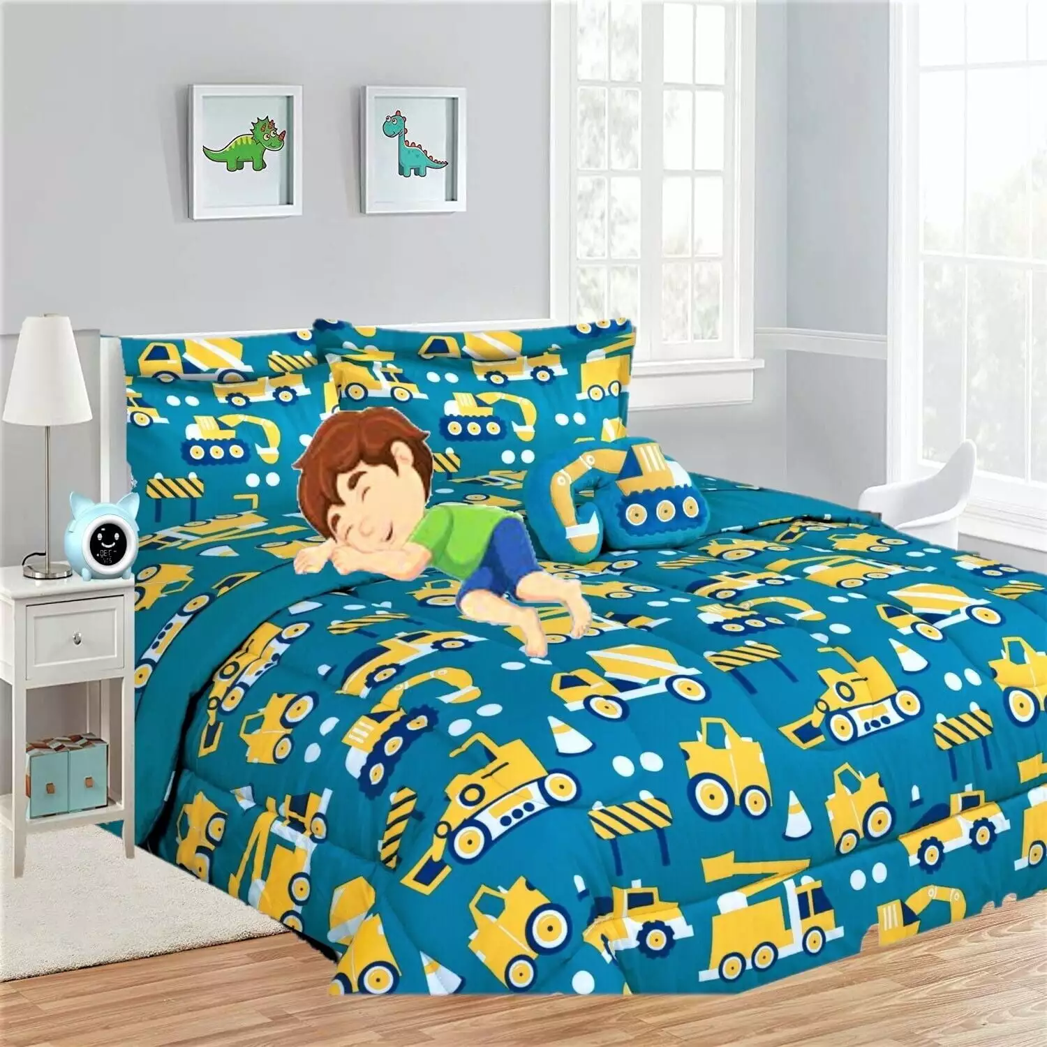 Twin size excavator truck bedding cover bed in bag comforter. sheet set. pillow case stuffed toy for Kids and Teens