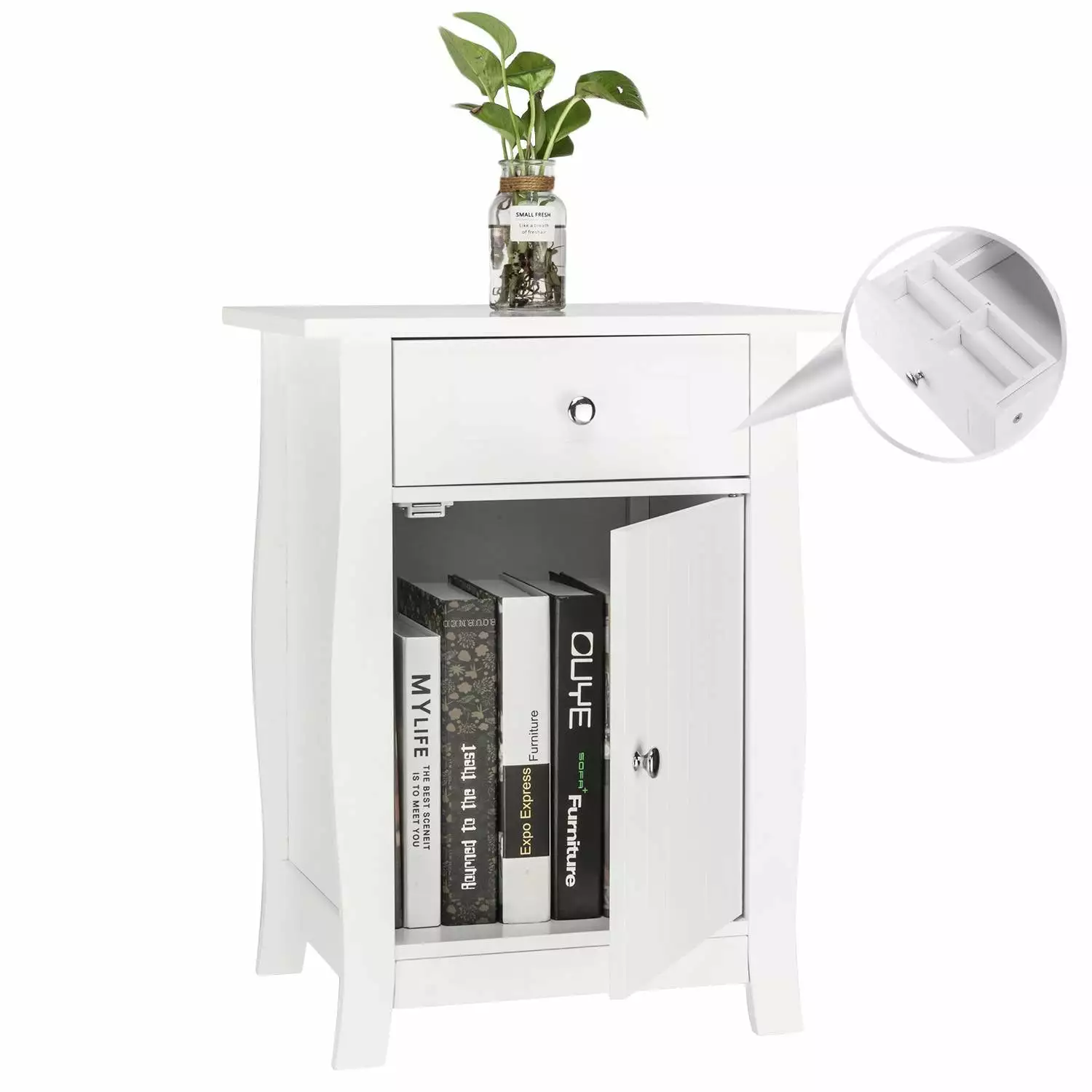 UBesGoo End Table Accent Storage Floor Cabinet. Wooden Nightstand with Divided Drawer.White