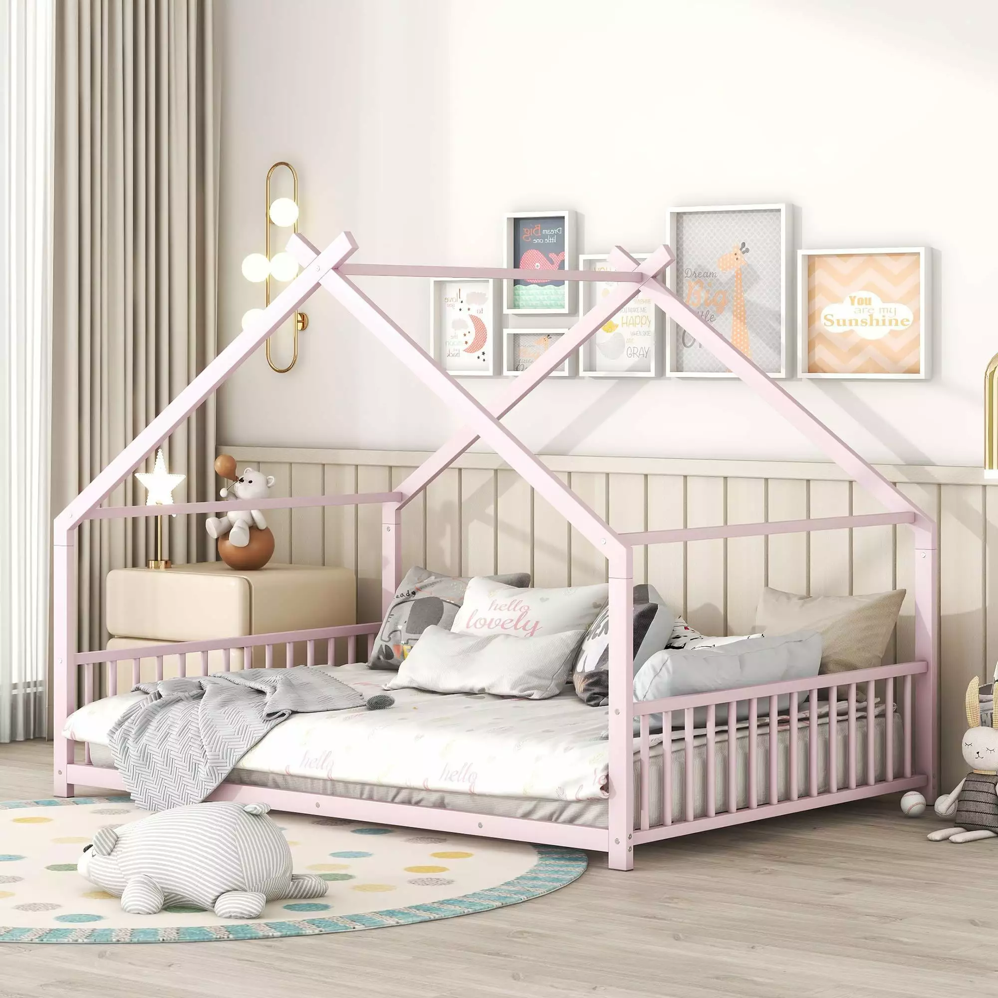 UBesGoo Full Size Metal House Platform Bed. Floor Bed Frame for Toddlers Kids Girls Boys. Pink