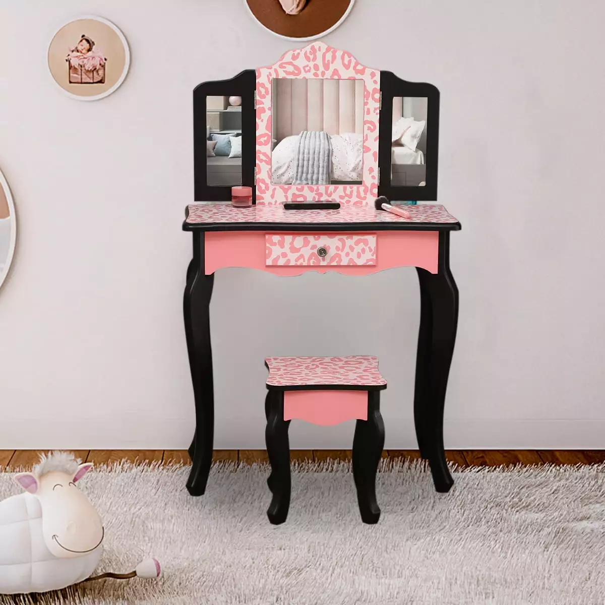 UBesGoo Kid's Vanity Set. Wood Vanity Table & Stool. Kids Princess Makeup Dressing Table with Folding Mirror. Pink