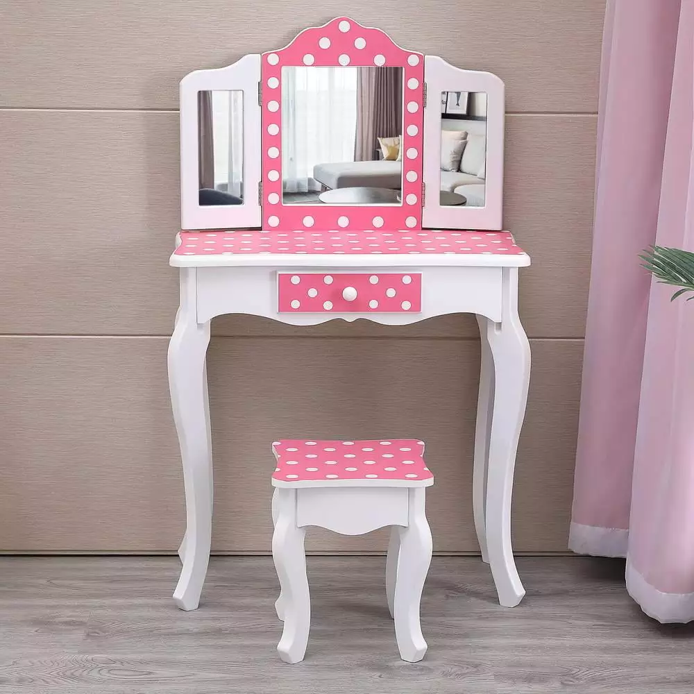 UBesGoo Kids Vanity Table Set.Wooden Dressing Table and Stool.Pretend Play Set with Real Mirror.Polka Dot Prints.Pink