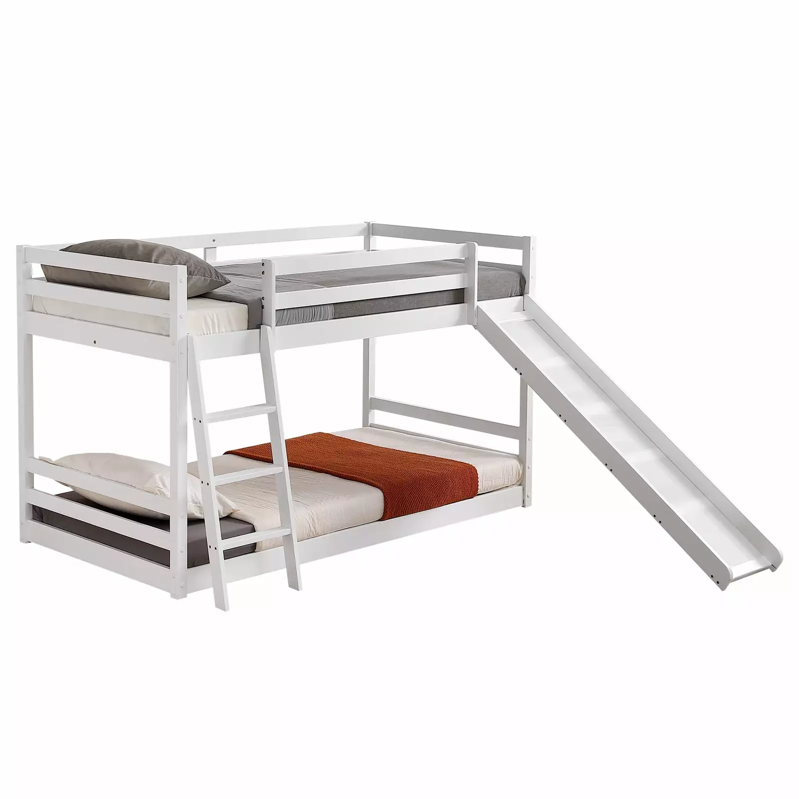 UBesGoo Low Bunk Bed with Slide. Twin-Over-Twin Wood Bed Frame For Kids. White