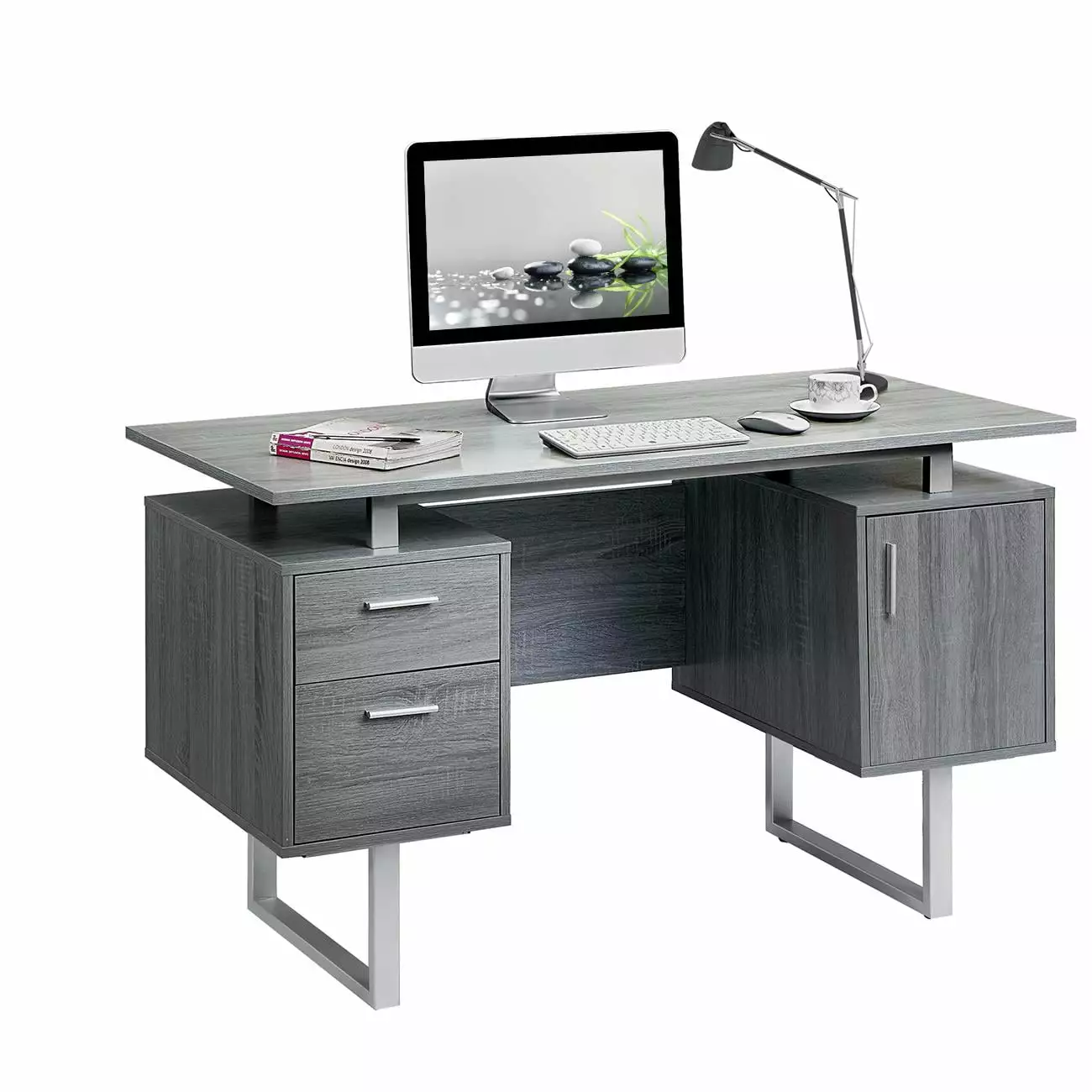 UBesGoo Modern Office Desk with Storage. Computer Desk Workstation for Home Office. Grey