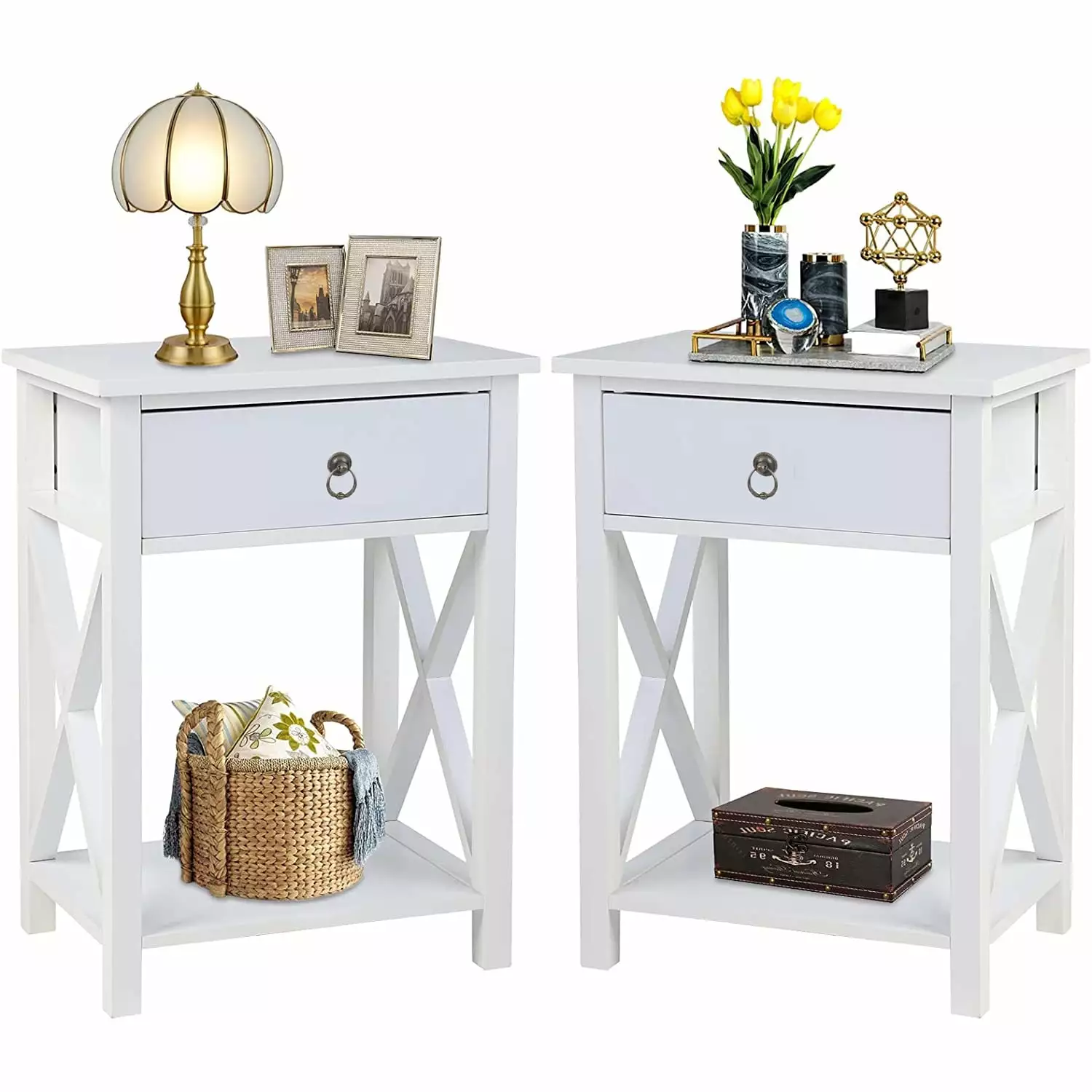 UBesGoo Set of 2 Night Stands for Bedroom Rustic Nightstand Bedside End Tables with Drawer Storage.White