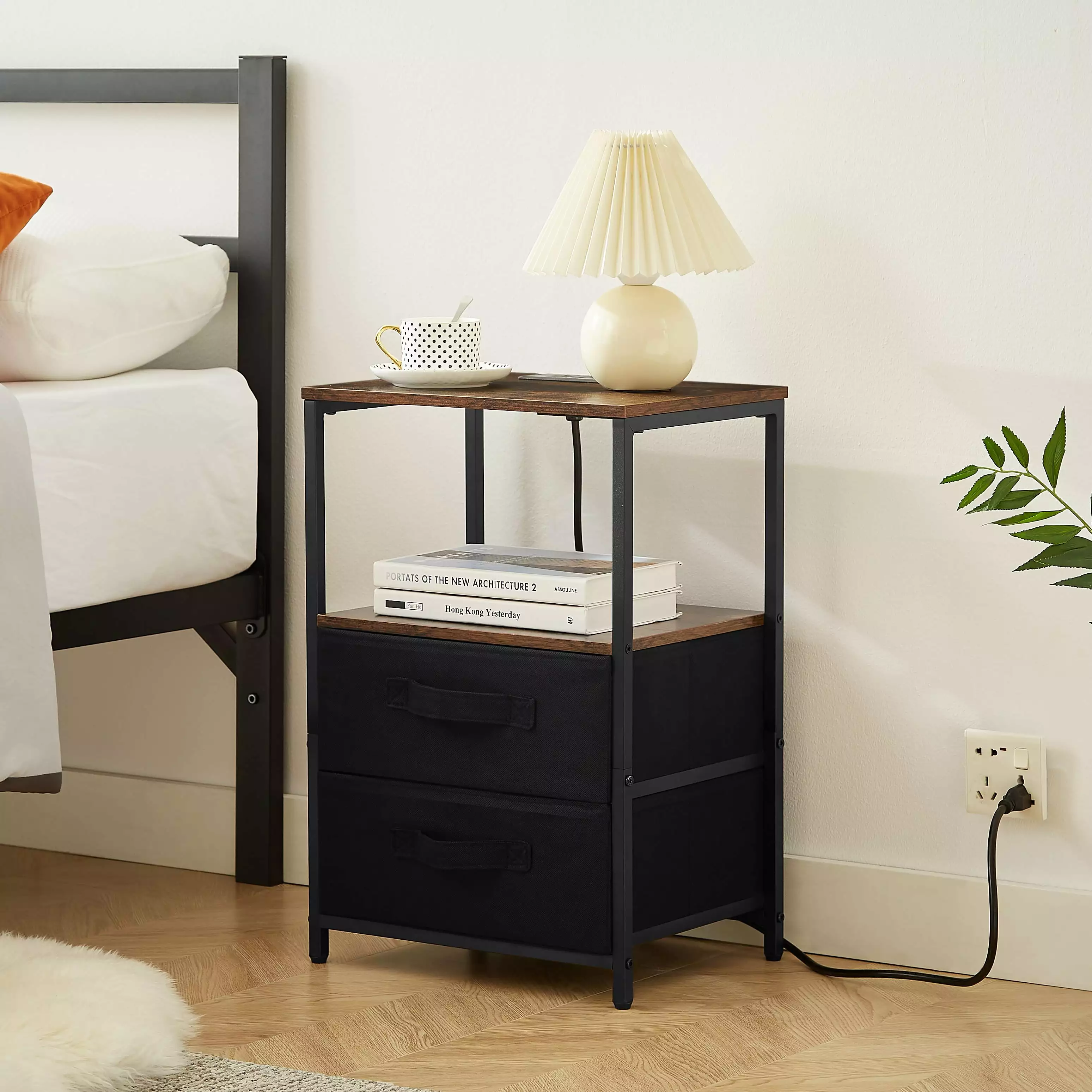 UBesGoo Side Table with Charging Station & Fabric Bag. Nightstand with USB Port & Outlet. End Table with 2 Drawers & Shelf