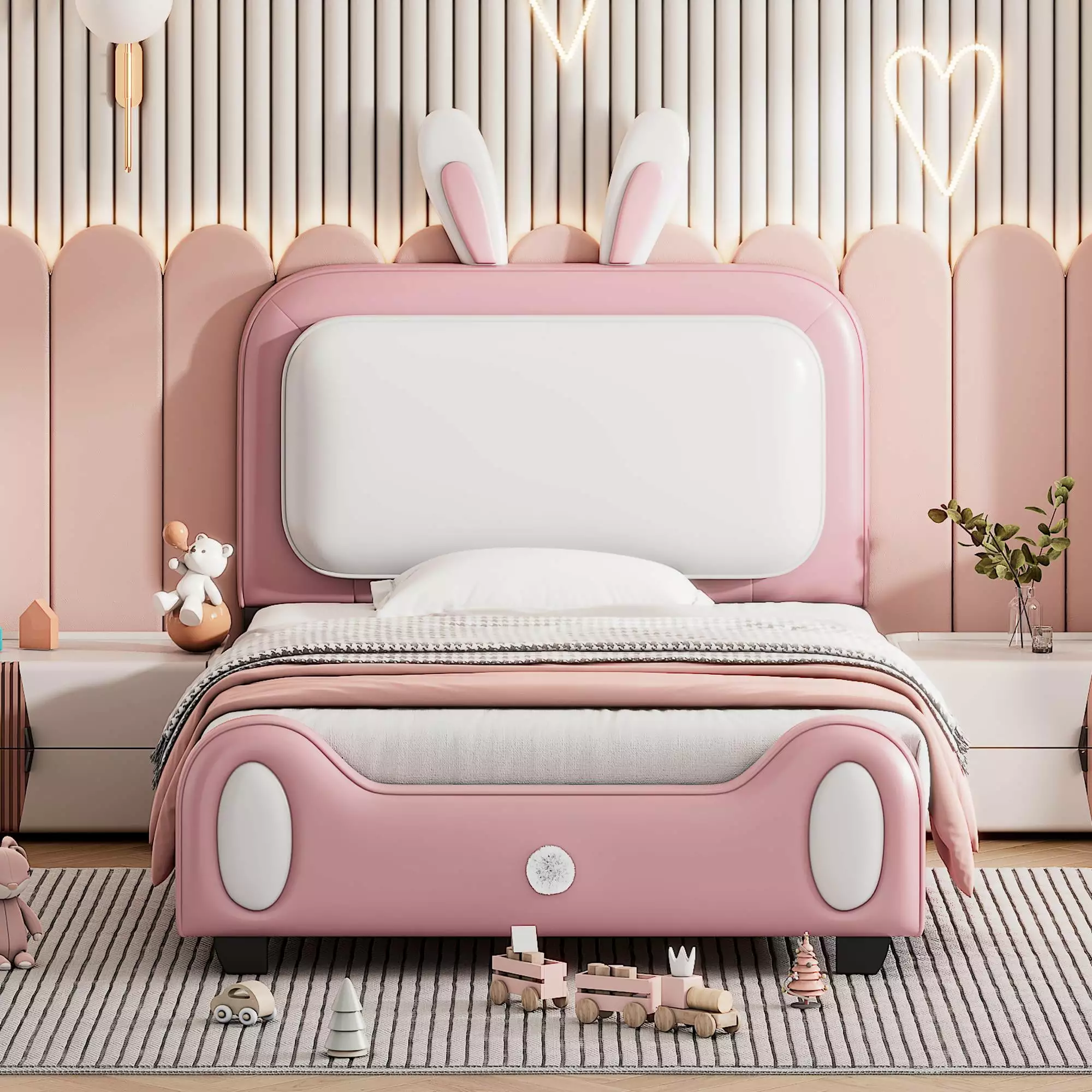 UBesGoo Twin size Upholstered Rabbit-Shape Princess Bed. Kids Children Bed with Headboard and Footboard. White+Pink