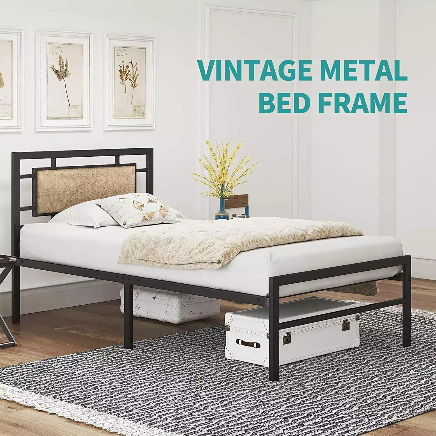 UBesGoo Vintage Metal Twin Bed Frame - Rustic Brown Upholstered Faux Leather Headboard - Platform Bed with Strong Metal Slats - Easy Assembly - No Box Spring Needed