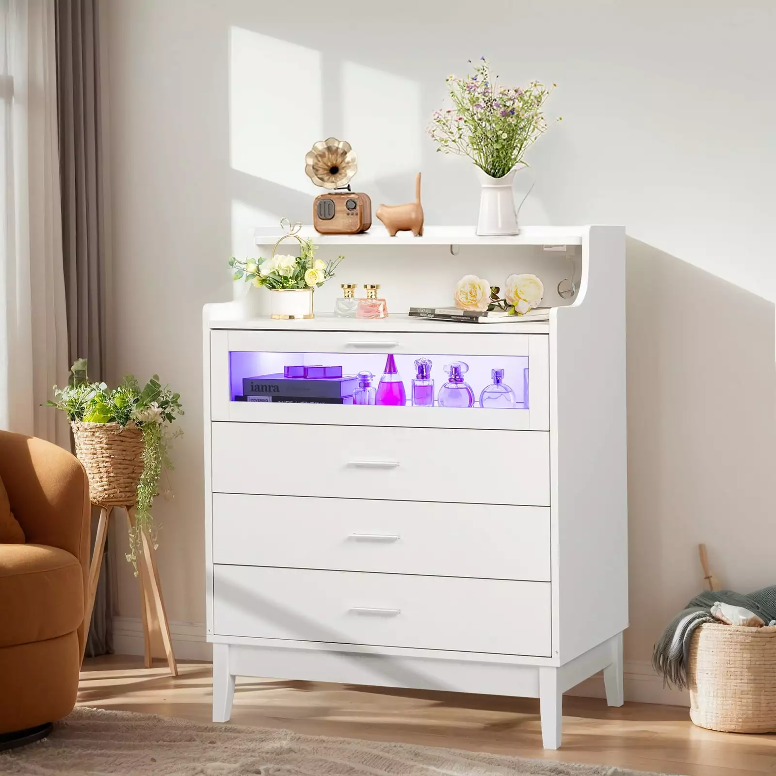 UBesGoo White 4 Drawer Dresser for Bedroom.Chest of Drawers with Led Lights.Modern Wood Dresser with Charging Station.Closet Storage Dresser for Living Room.Hallway.Entryway