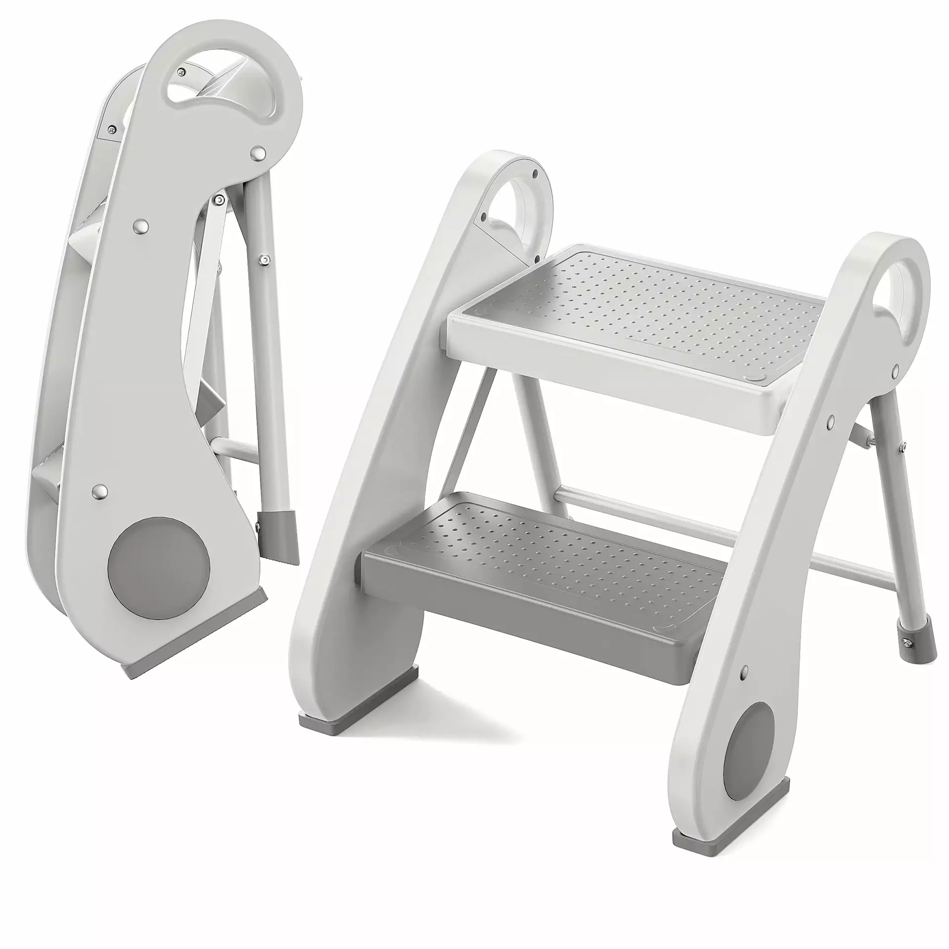 UNCLE WU Foldable Small 2-Step Stool for Kids - 13.8 Height. Anti-Slip. Durable - Perfect for Potty Training. Kitchen & Bathroom Sink & Bedroom Step Stool. with Safe Handles (Grey White)