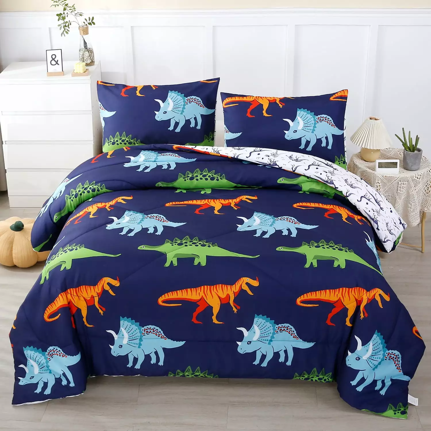 URBONUR 3 Pcs Dinosaur Twin Size Bedding Sets for Boys. Dinosaur Printing Comforter Set. Blue and White Reversible Bed Set for Kids/Toddlers/Teens