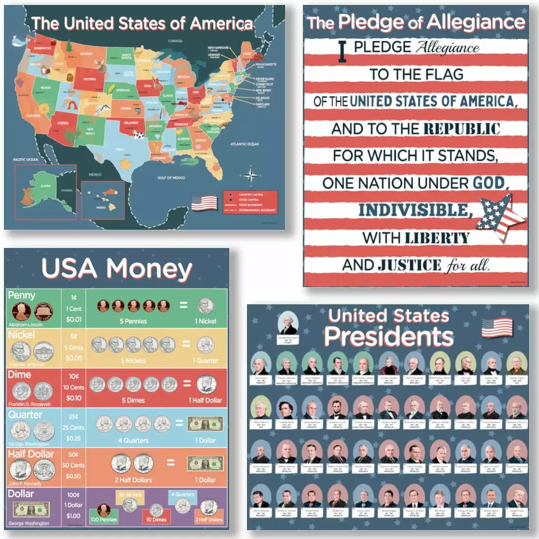 US History Classroom Decorations - 4 Pack Includes US Presidents Poster 16x20 inch. Dry-Erase