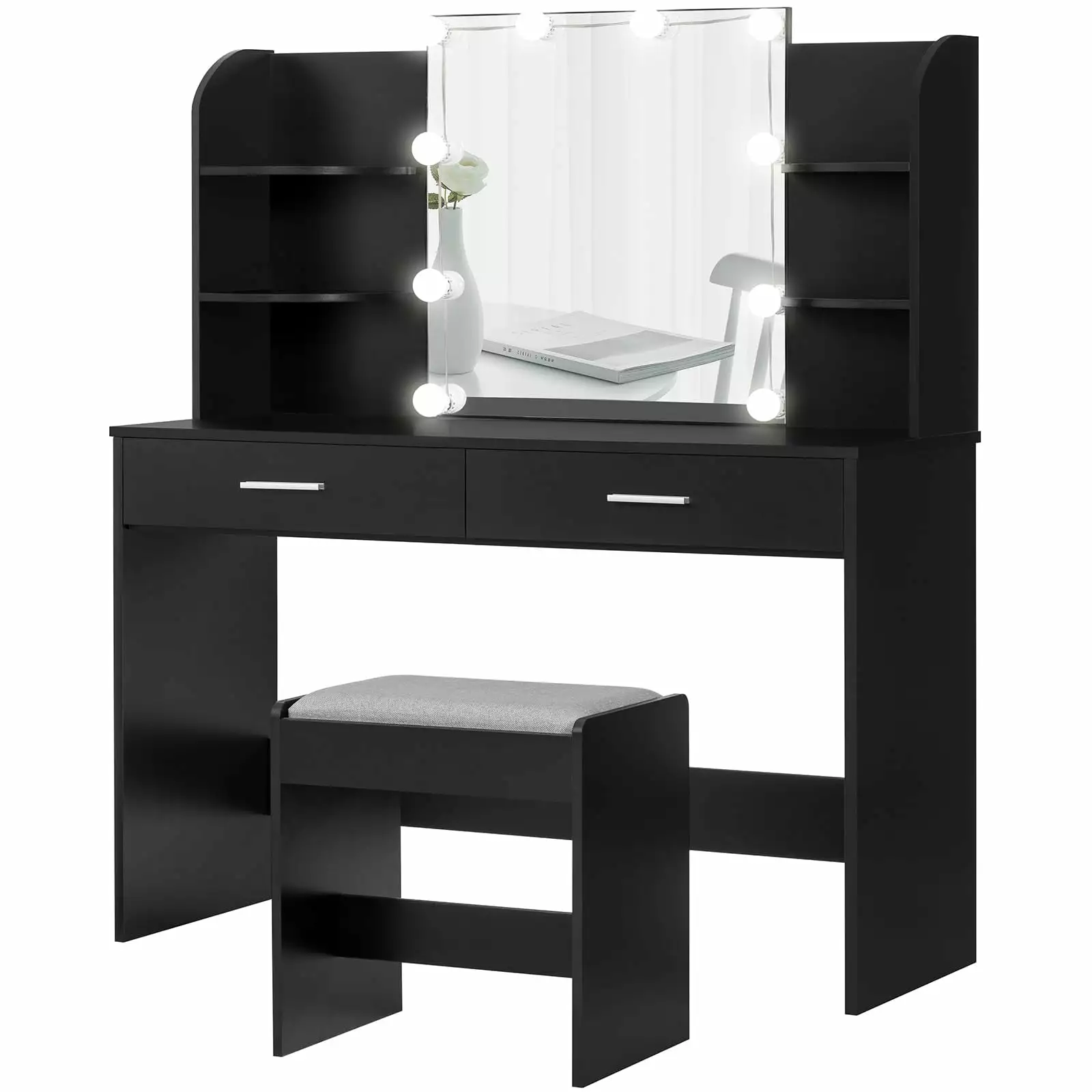 USIKEY Large Vanity Set with 10 Light Bulbs & Cushioned Stool. Makeup Table with 2 Drawers. Dressing Table Dresser Desk for Bedroom. Black