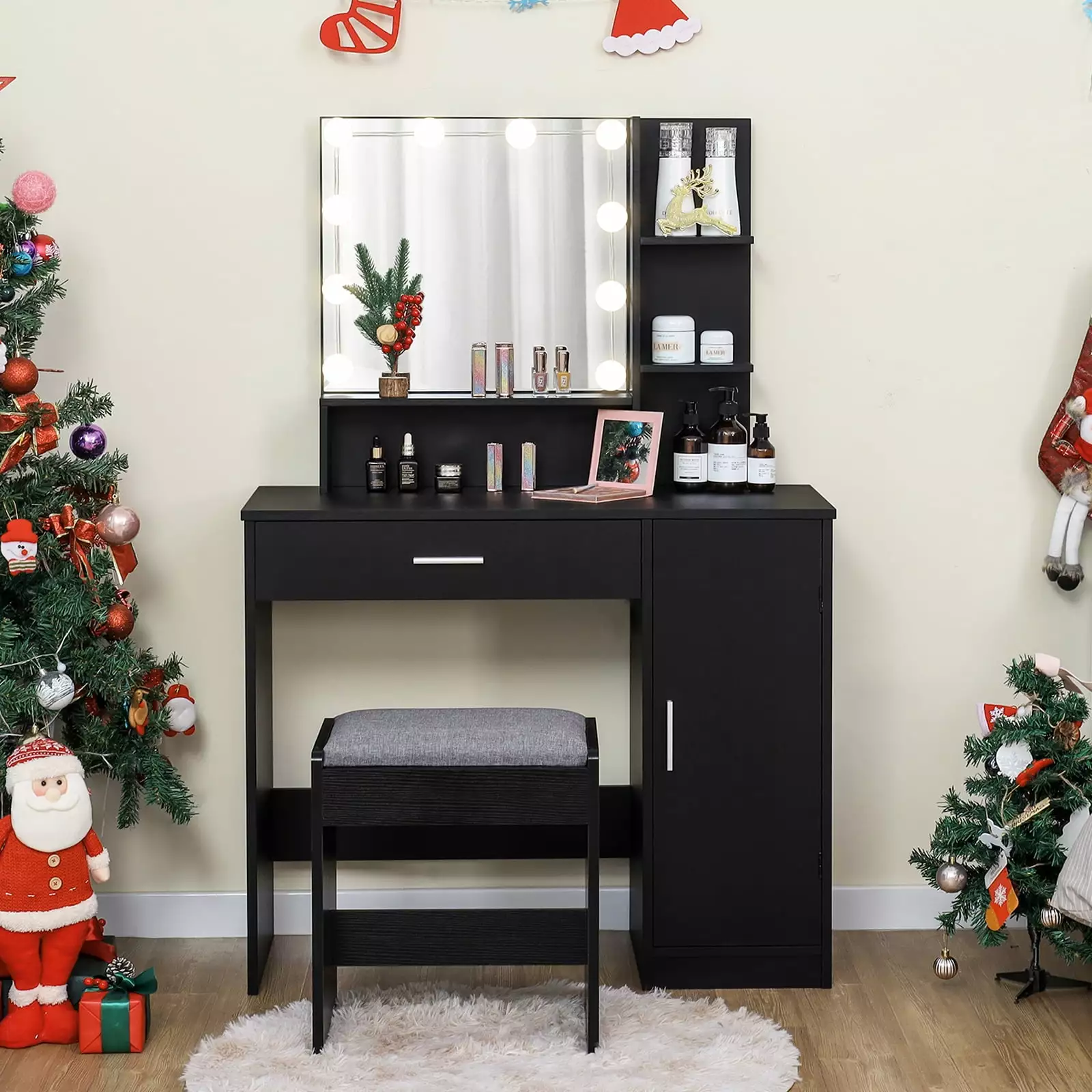 USIKEY Vanity Table Set with 10 Light Bulbs. Makeup Table with 1 Large Drawer & 1 Storage Cabinet. Cushioned Stool for Bedroom. Black