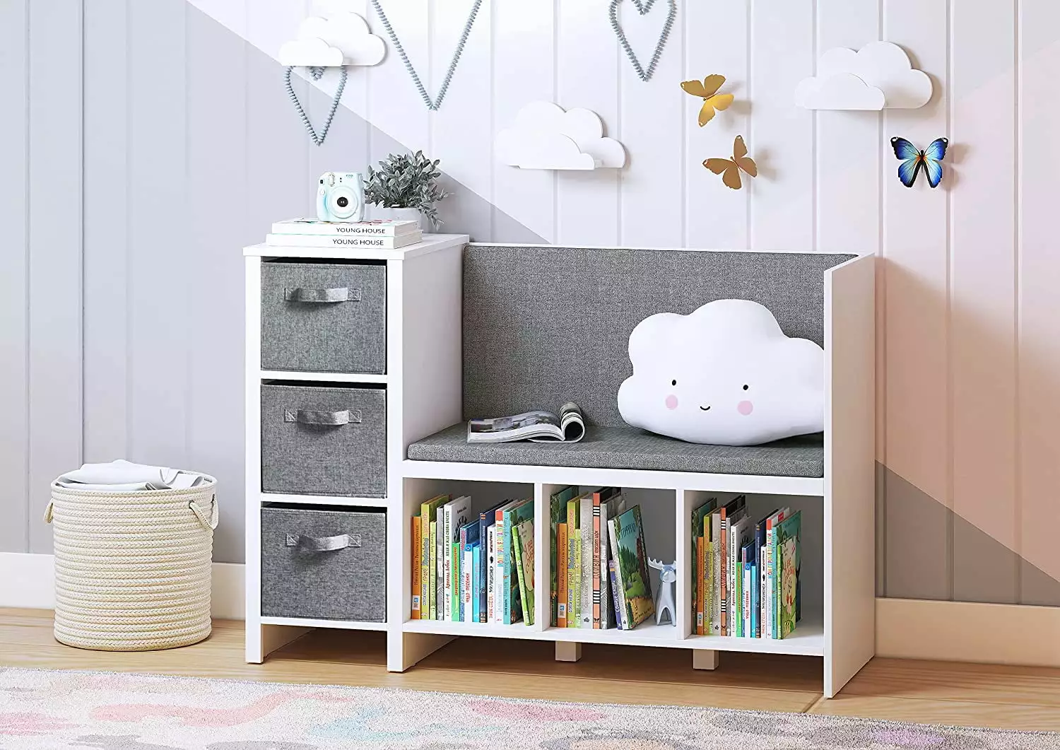 UTEX Kids Bookcase with Reading Seat. 6-Cubby Kids Toy Storage Organizer with Bins. Kids Bookshelf and Storage for Boys and Girls. White