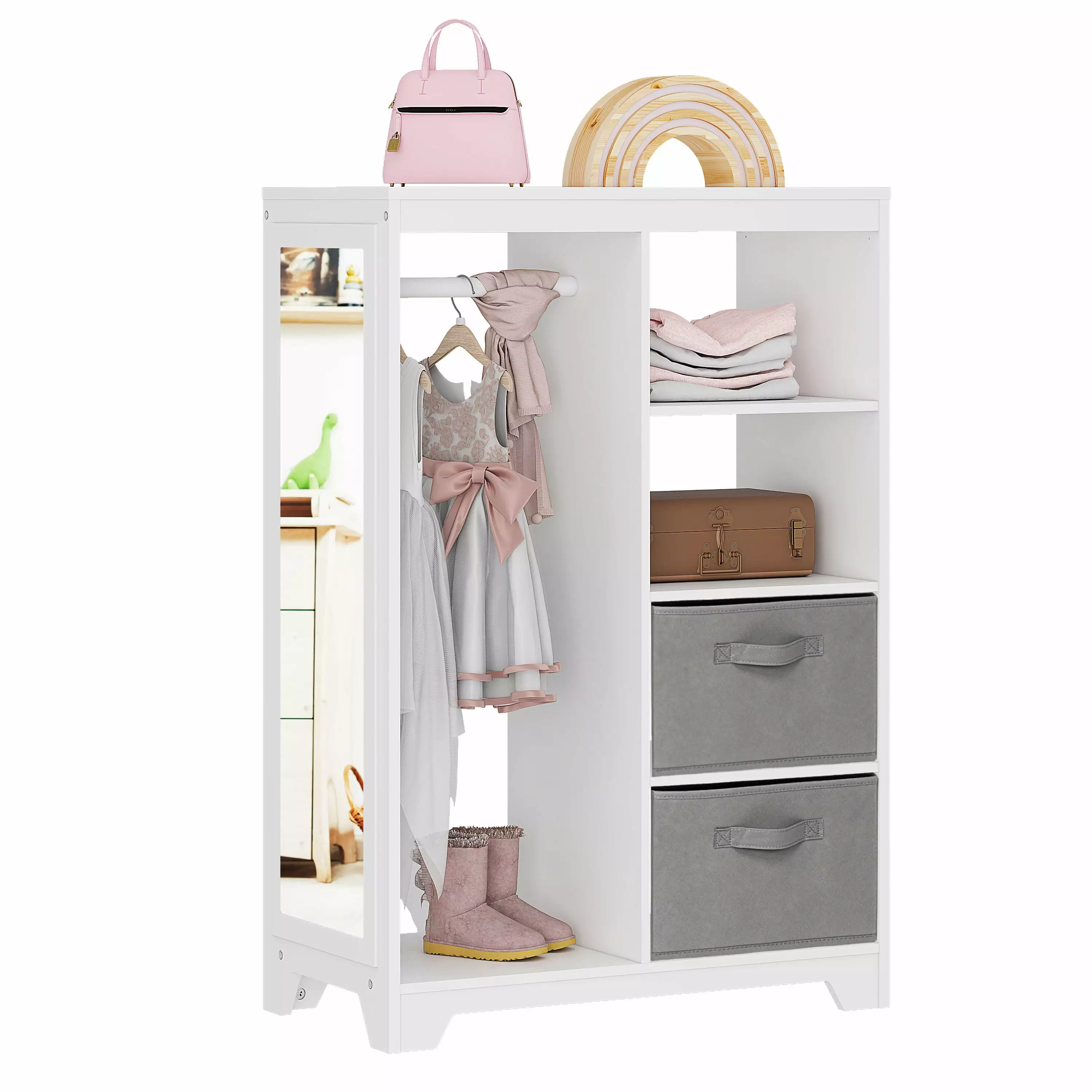 UTEX Kids Dress up Storage with Mirror and Storage Bin.Play Armoire Dresser with Mirror.Costume Organizer. Pretend Storage Closet.Costume Storage Dresser (White)