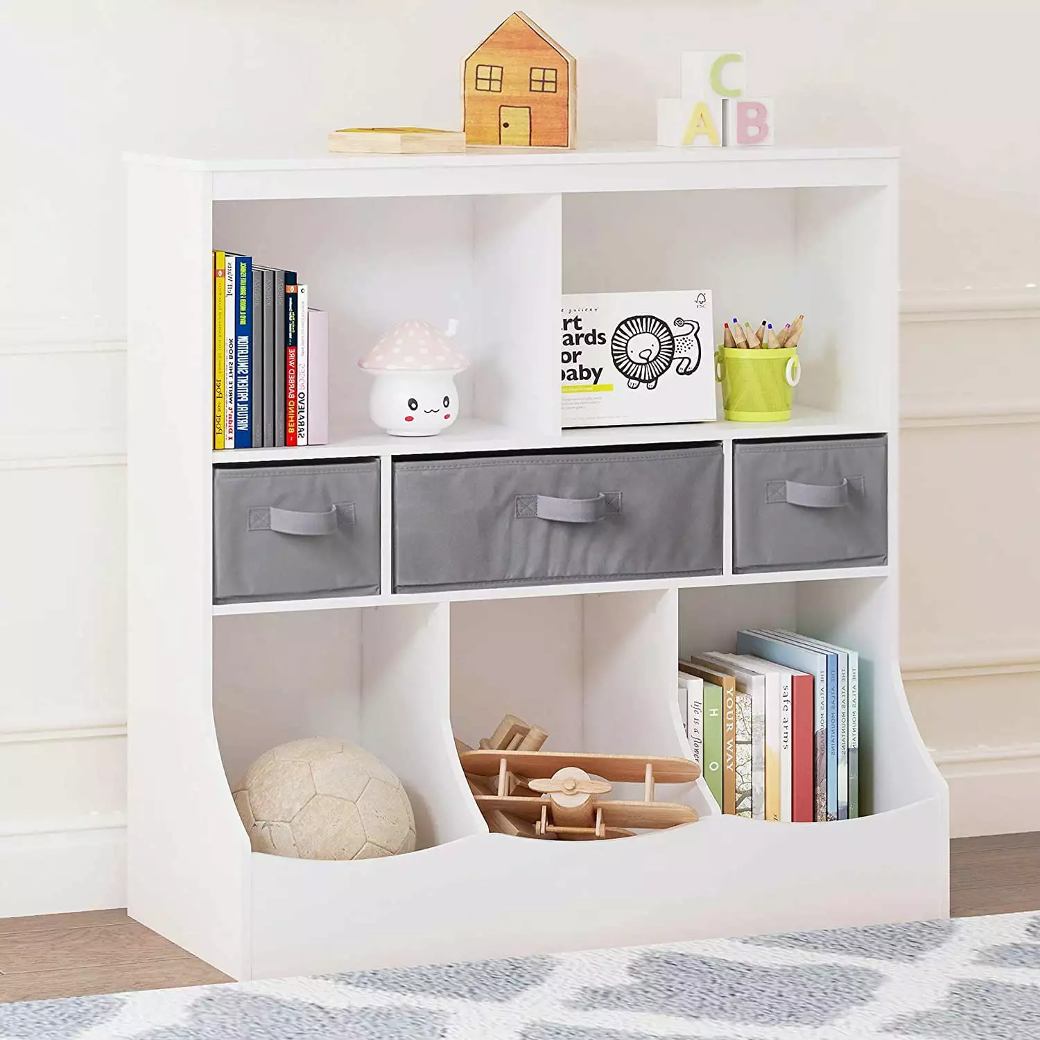 UTEX Toy Storage Organizer with Bookcase. Kid's Bin Storage Unit with 3 Opening Shelves.White Toys Box Organizer