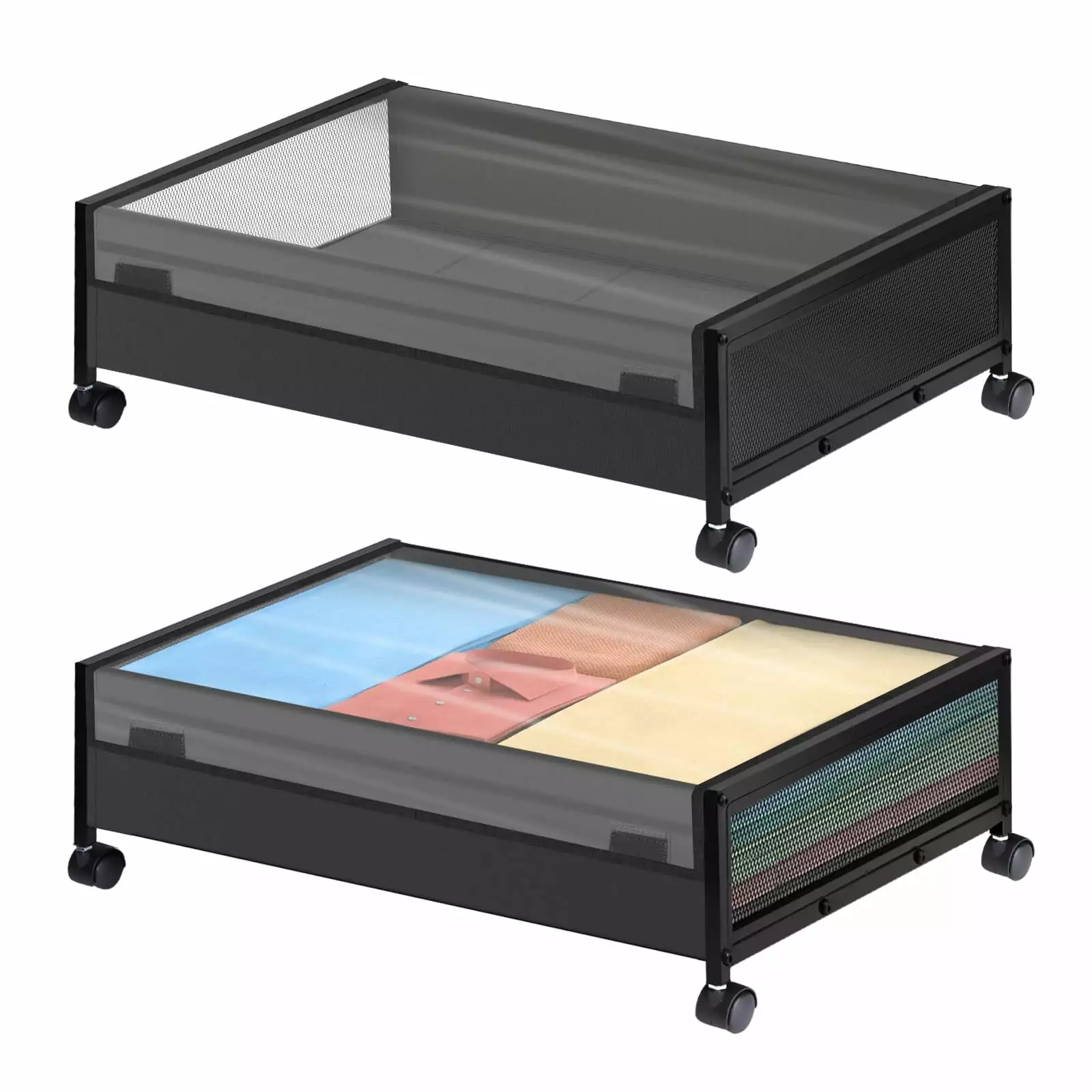 Under Bed Storage with Wheels. YEEFO 2 Pack Under Bed Storage Containers. Rolling Underbed Organizer Drawer Bins with Visible Lid for Clothes. Shoes. Toys. Books. Blankets 30 x 16.5 x 7.3 in