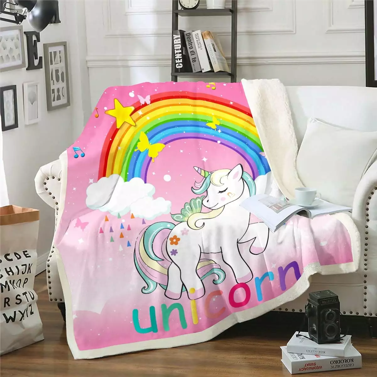 Unicorn Fleece Blanket Throw Size for Girls Kawaii Rainbow Unicorn Throw Blanket for Sofa Kids Galaxy Stars Fuzzy Blanket White Horse Floral Bed Blanket Fantasy Girls Room Decor Pink Unicorn Gift