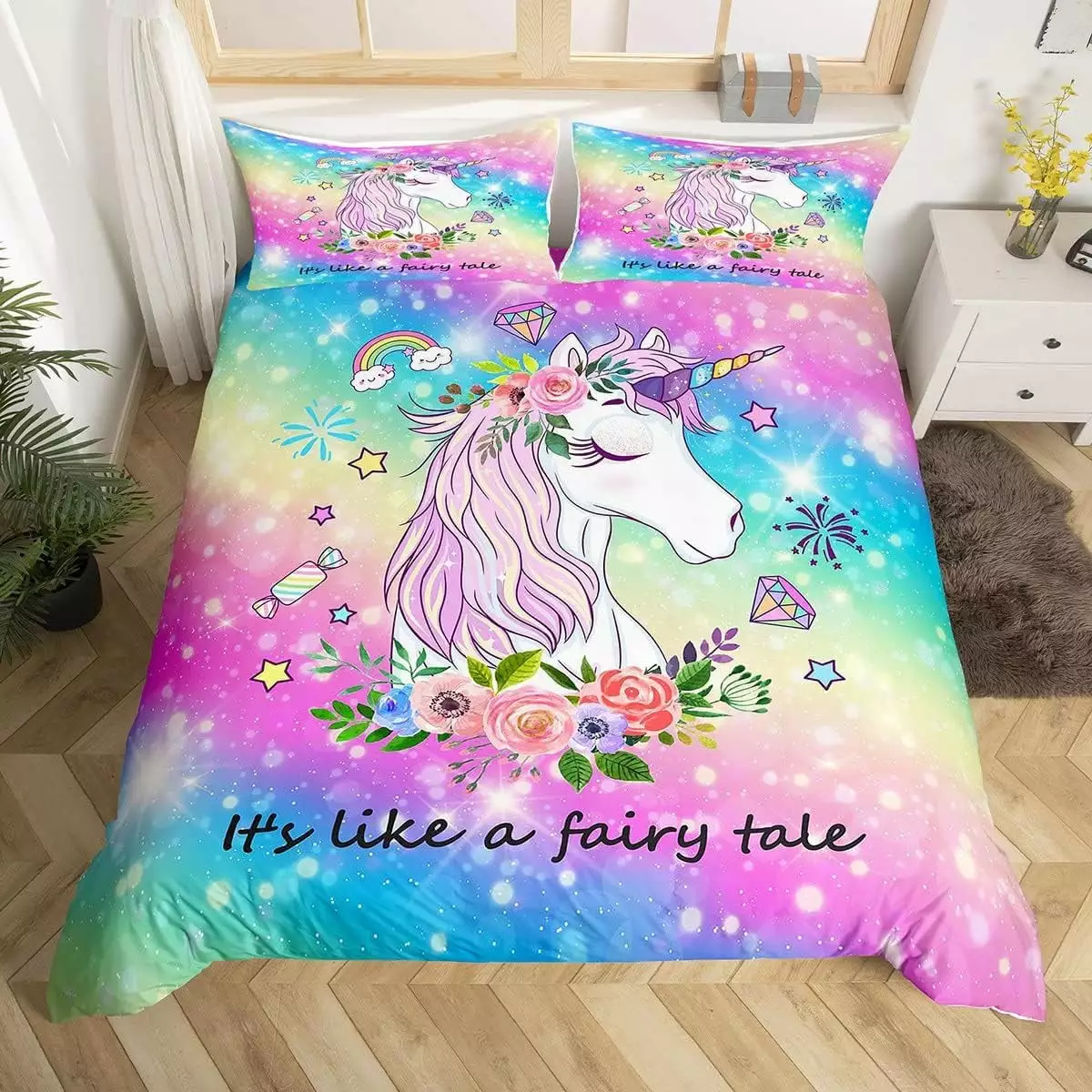 Unicorn Gifts for Girls.Kawaii Duvet Cover Glitter Galaxy Bedding Set for Kids Toddler.Cartoon Magical Animal Comforter Cover Cute Horse Twin Bed Set.Rainbow Unicorn Room Decor for Girls Bedroom