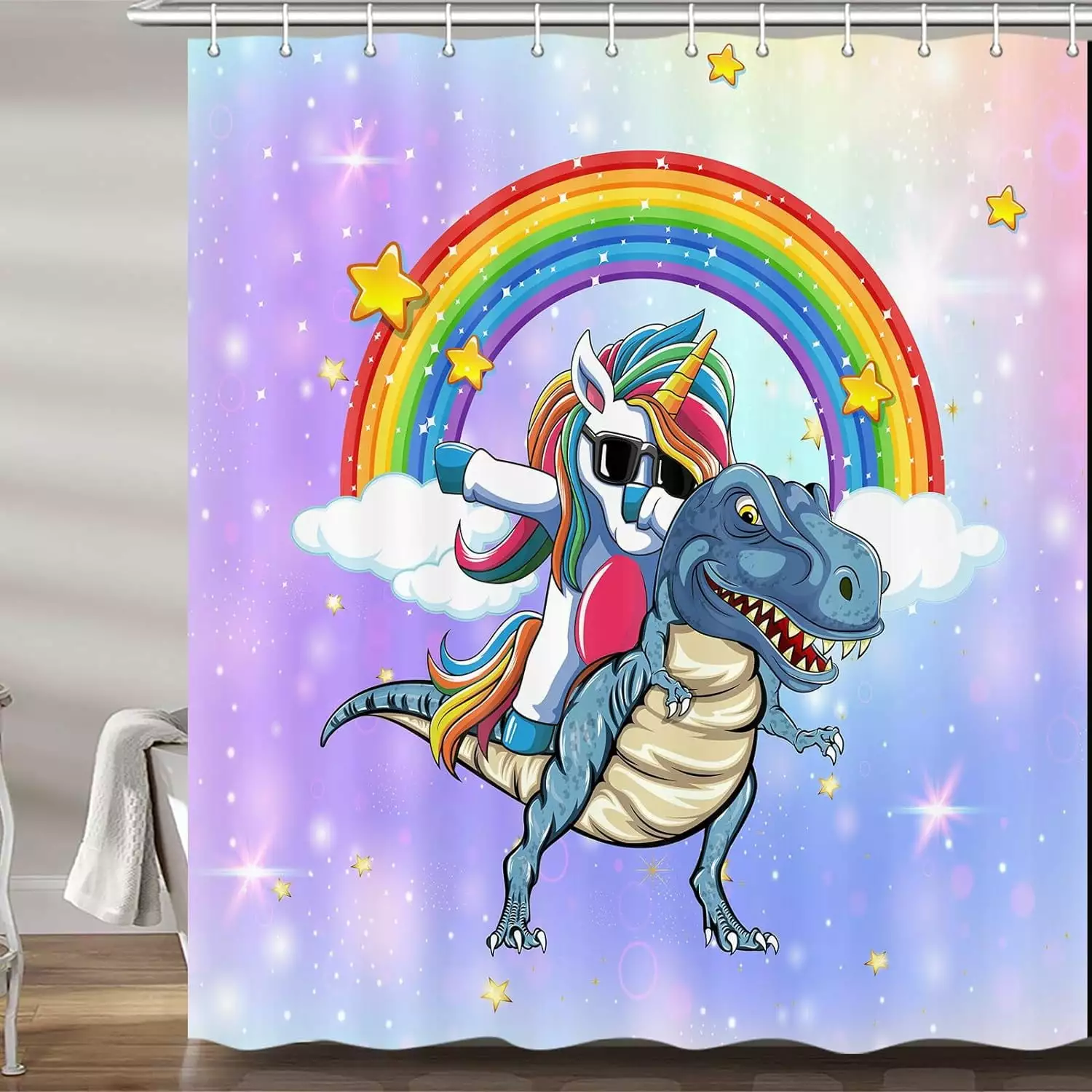 Unicorn Riding Dinosaur Shower Curtain for Kids Bathroom. Cute Funny Cartoon Rainbow Fantasy Galaxy Space Fabric Shower Curtains Set. Boys Girls Restroom Decor Accessories with Hooks 72X72