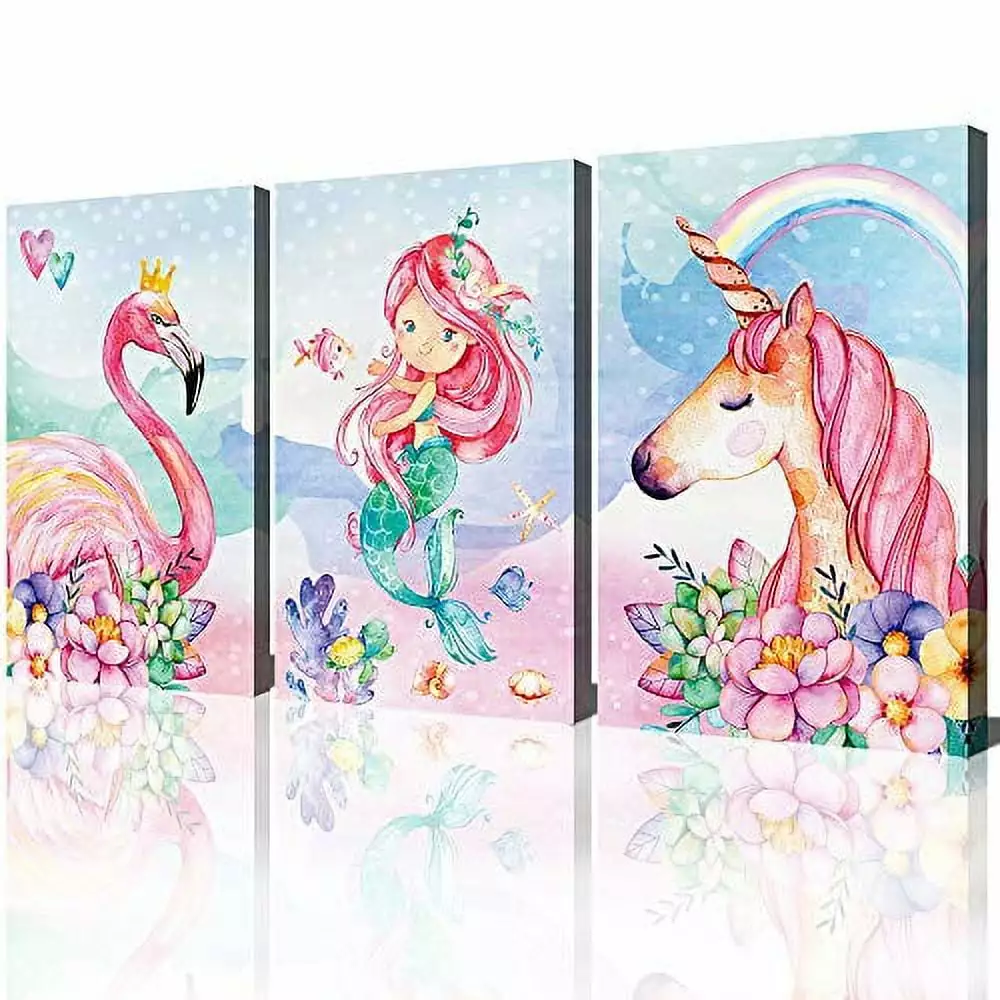 Unicorn Wall Decor Pictures Pink Girls Room Bedroom Bathroom Wall Art Cute Mermaid Flamingo Watercolor Painting Artwork Pink Rainbow Framed Canvas Print Nursery Kids Birthday Gifts 3 Pieces