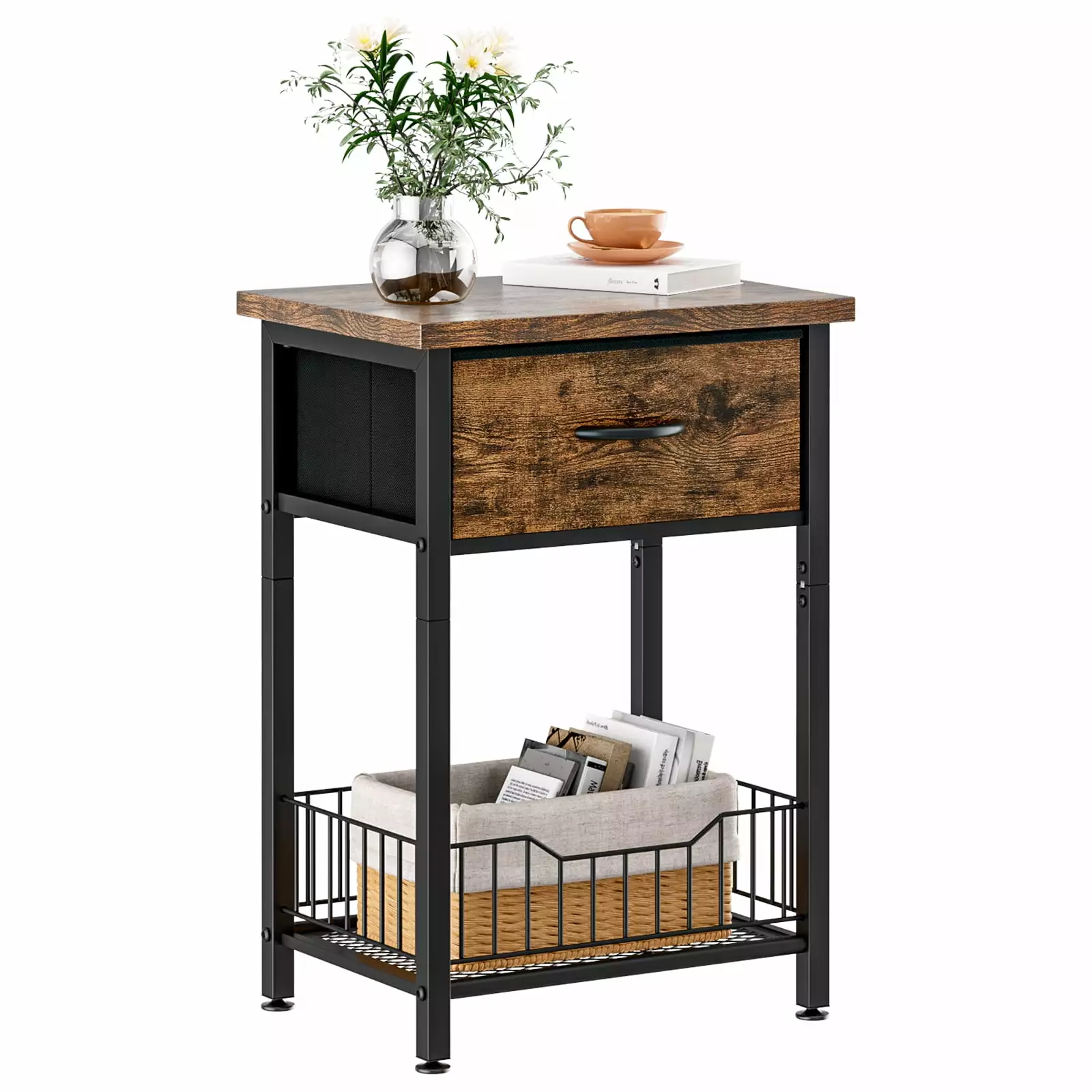 Untyo Nightstands. End Table with Fabric Drawer & Storage Shelf. Retro Bedside Tables Organizer. Sturdy Side Table for Living Room. Bedroom