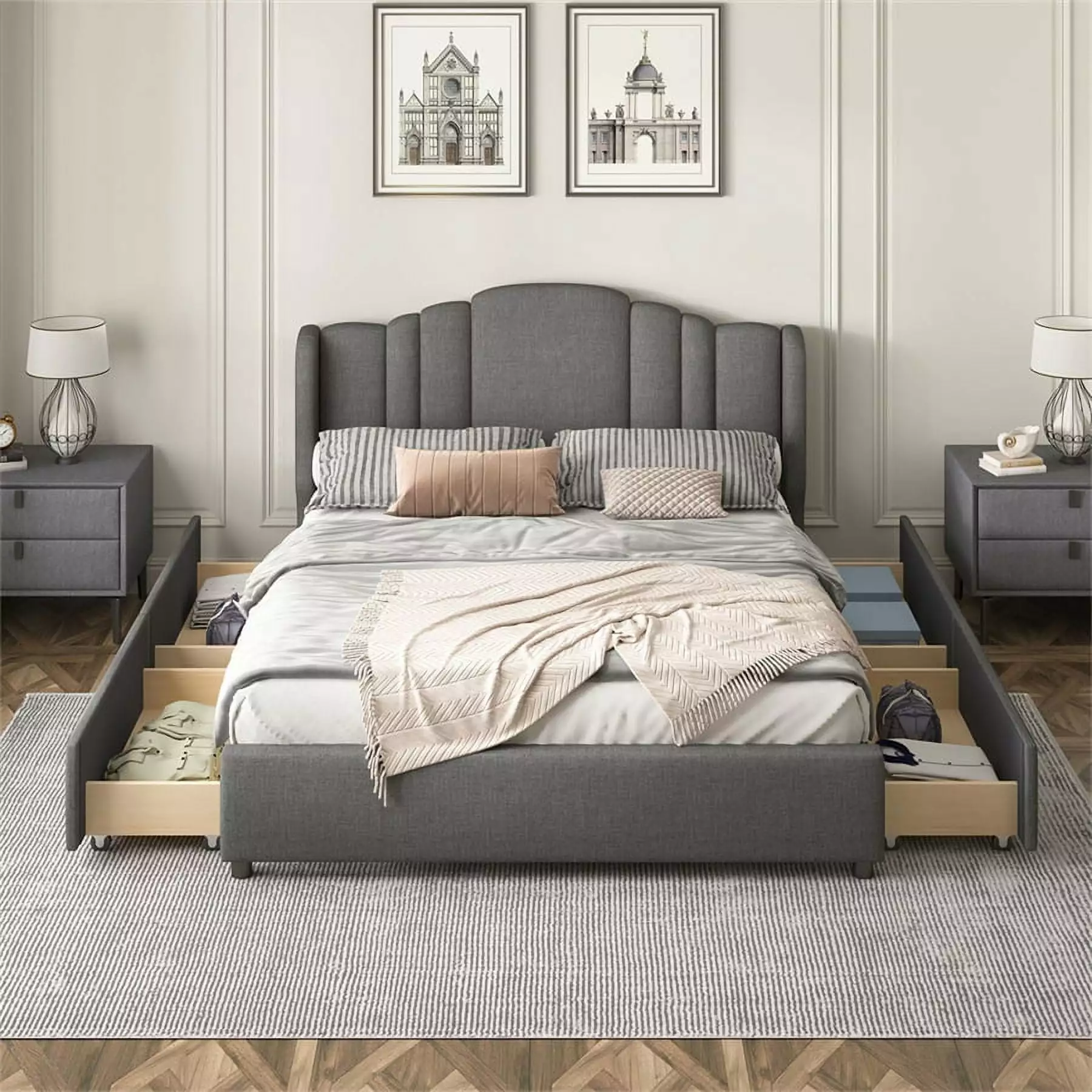 Upholstered Platform Bed with 4 Drawers. Queen Size Bed Frame with Wingback Style Headboard for Kids Teens and Adults. Linen Fabric Mattress Foundation. Easy Assembly. Weight Capacity 500 LBS. Grey