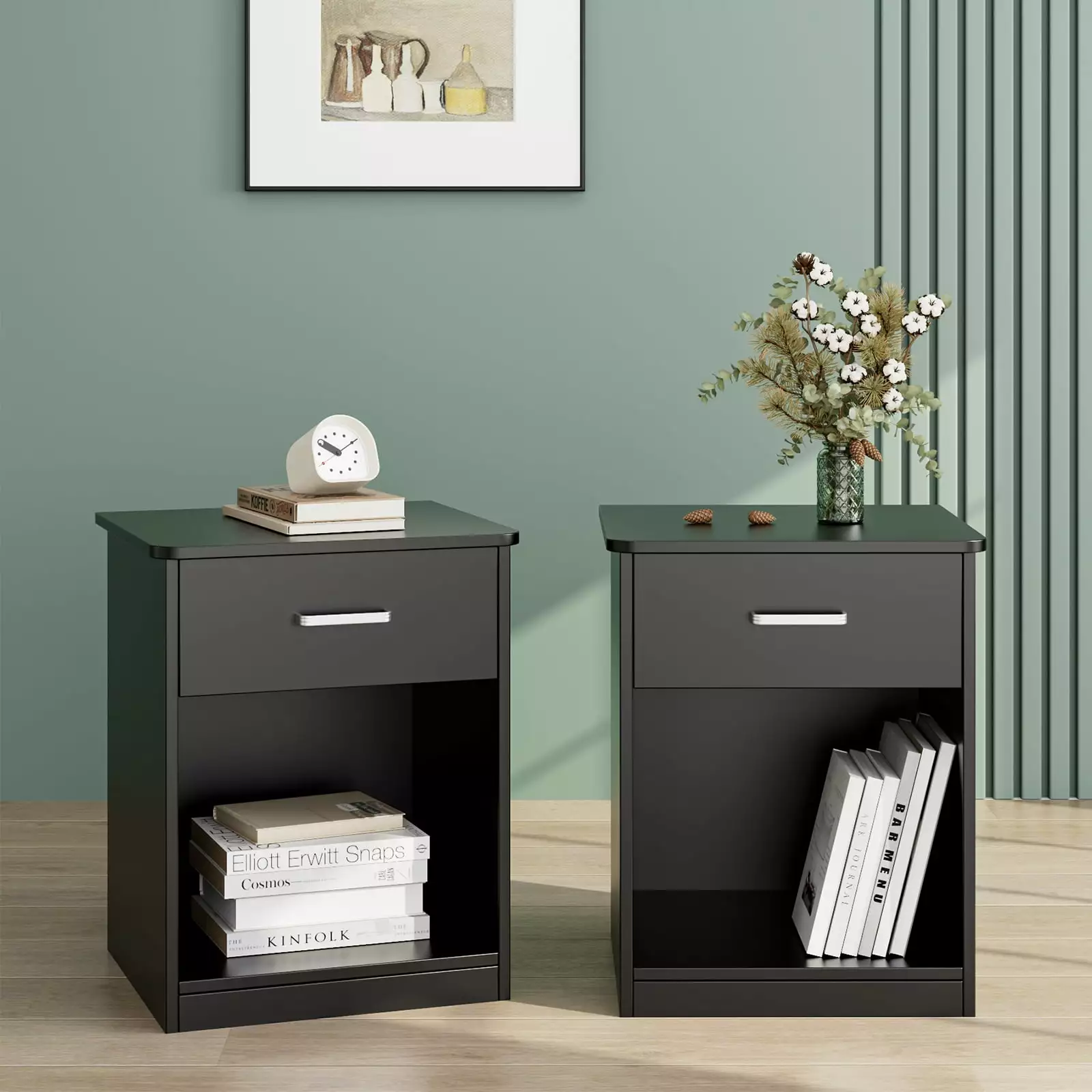 Urkno Set of 2 Nightstand with 1 Drawer & Open Shelf. Wood Bedside Table for Home Living Room Bed Room. Black