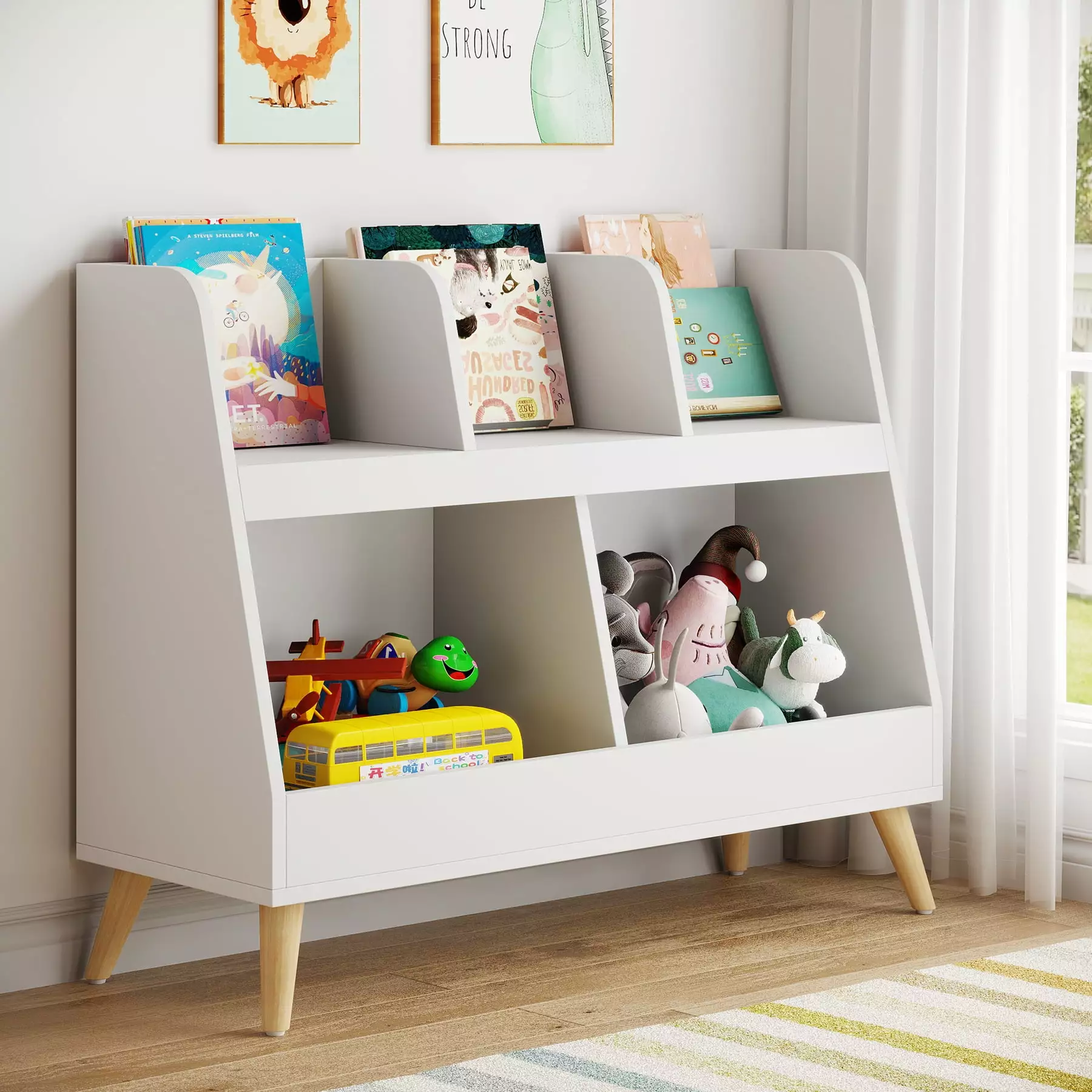 VANOMi 2-Tier Kids Bookshelf and Bookcase. Modern Toy Storage Organizer for Playroom. Bedroom. Children's Room. White