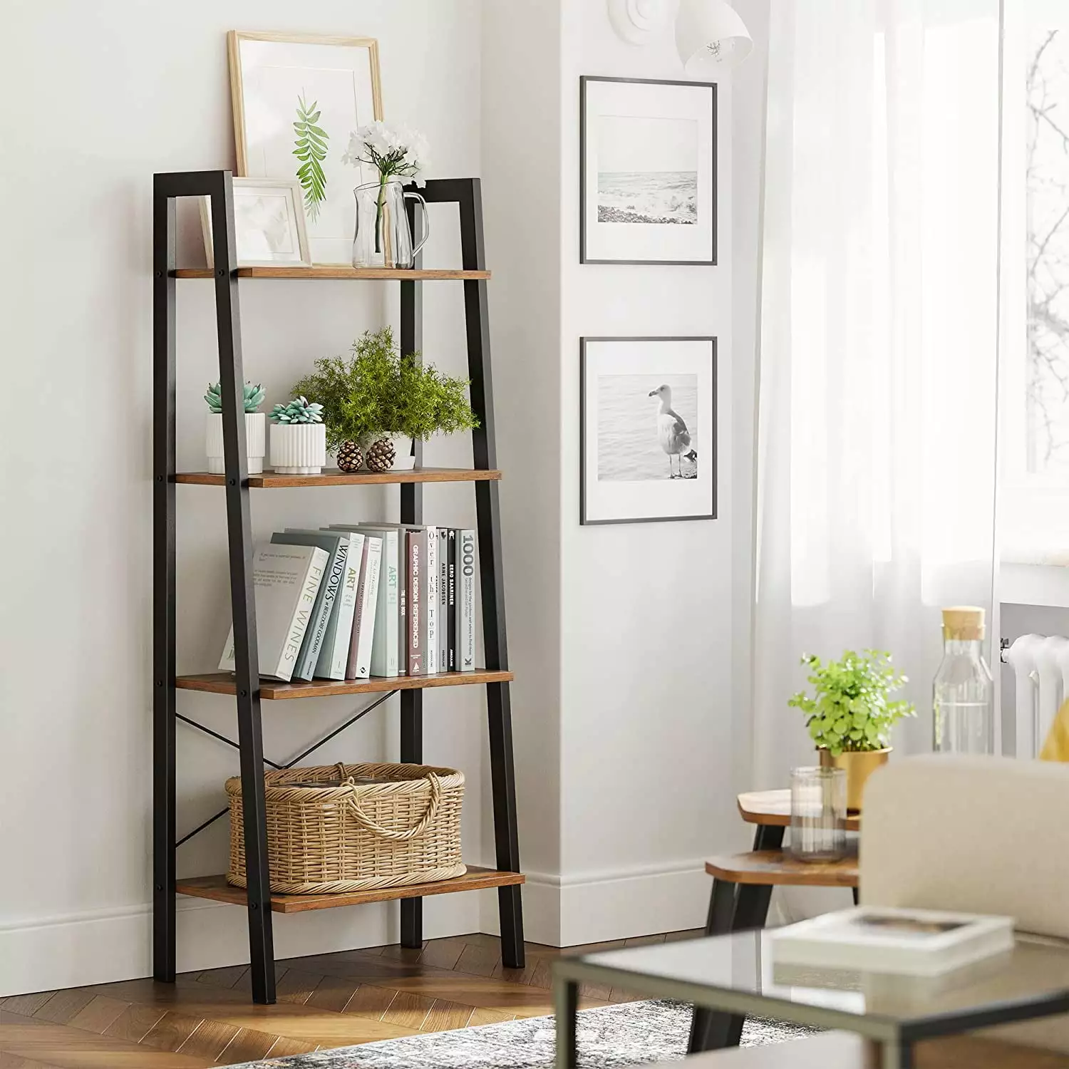 VASAGLE 4-Tier Ladder Shelf Ladder Bookshelf Bookcase Storage Rack Shelves Rustic Brown and Black