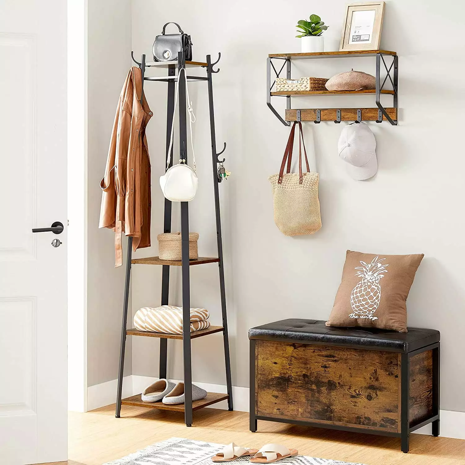 VASAGLE 8 Hooks Coat Rack Stand with 3 Shelves Coat Tree for Entryway Bedroom Living Room Rustic Brown and Black