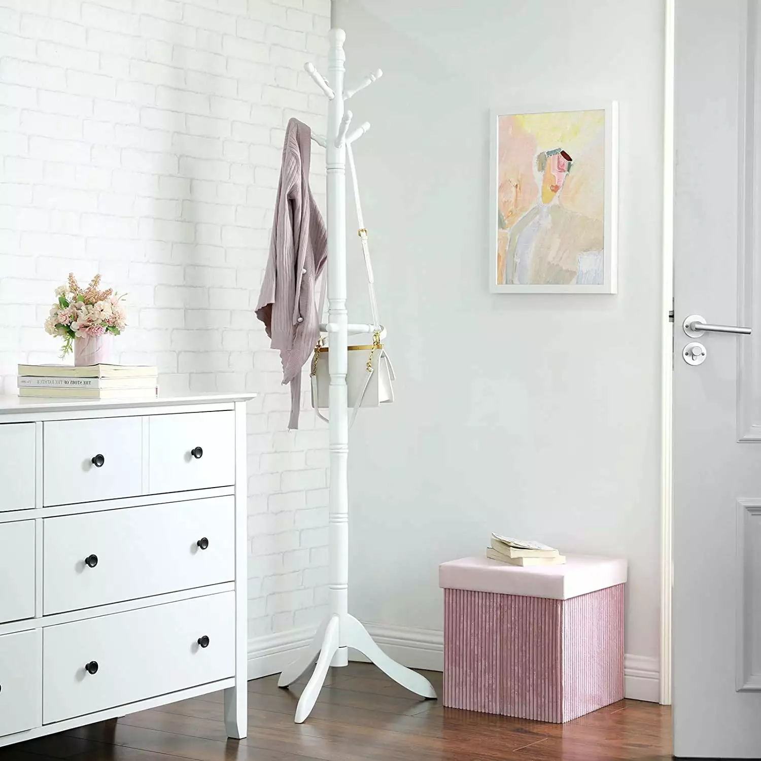 VASAGLE Coat Rack. Solid Wood Coat Stand. Free Standing Hall Coat Tree with 10 Hooks. White