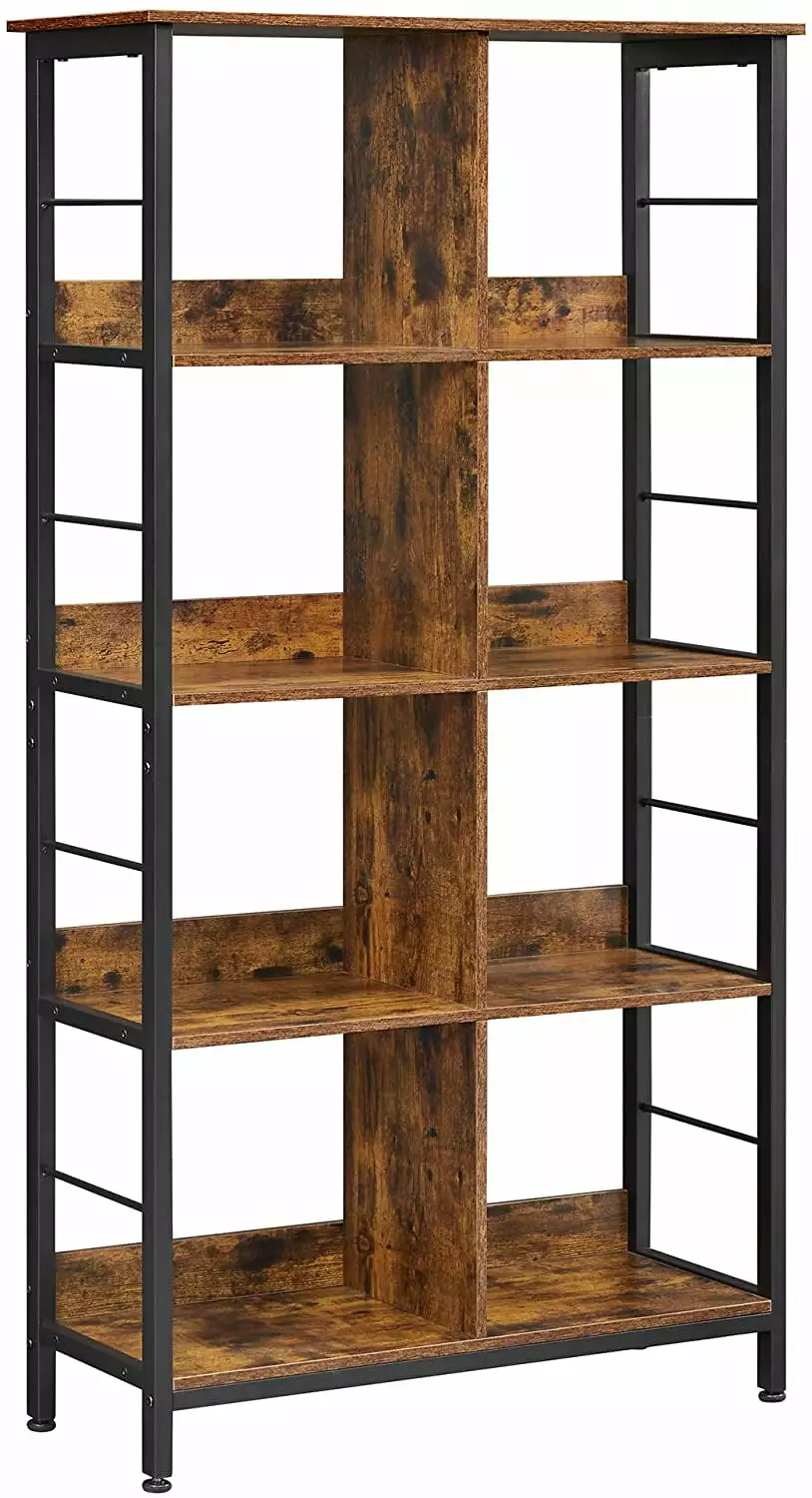 VASAGLE Industrial 8-Compartment Bookshelf 4-Tier Bookcase with 8 Open Slots Display Storage Rack for Office Living Room Bedroom 31.5 x 13 x 58.7 Inches. Rustic Brown and Black