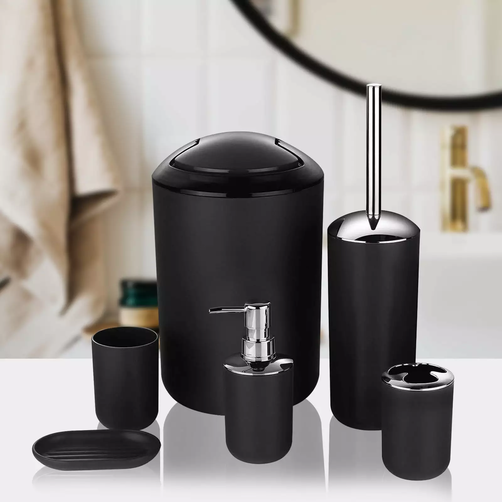 VBVC 6 Piece Bathroom Accessory Set With Soap Dispenser Pump.Toothbrush Holder.Toilet Brush.Trash Can.Tumbler And Soap Dish