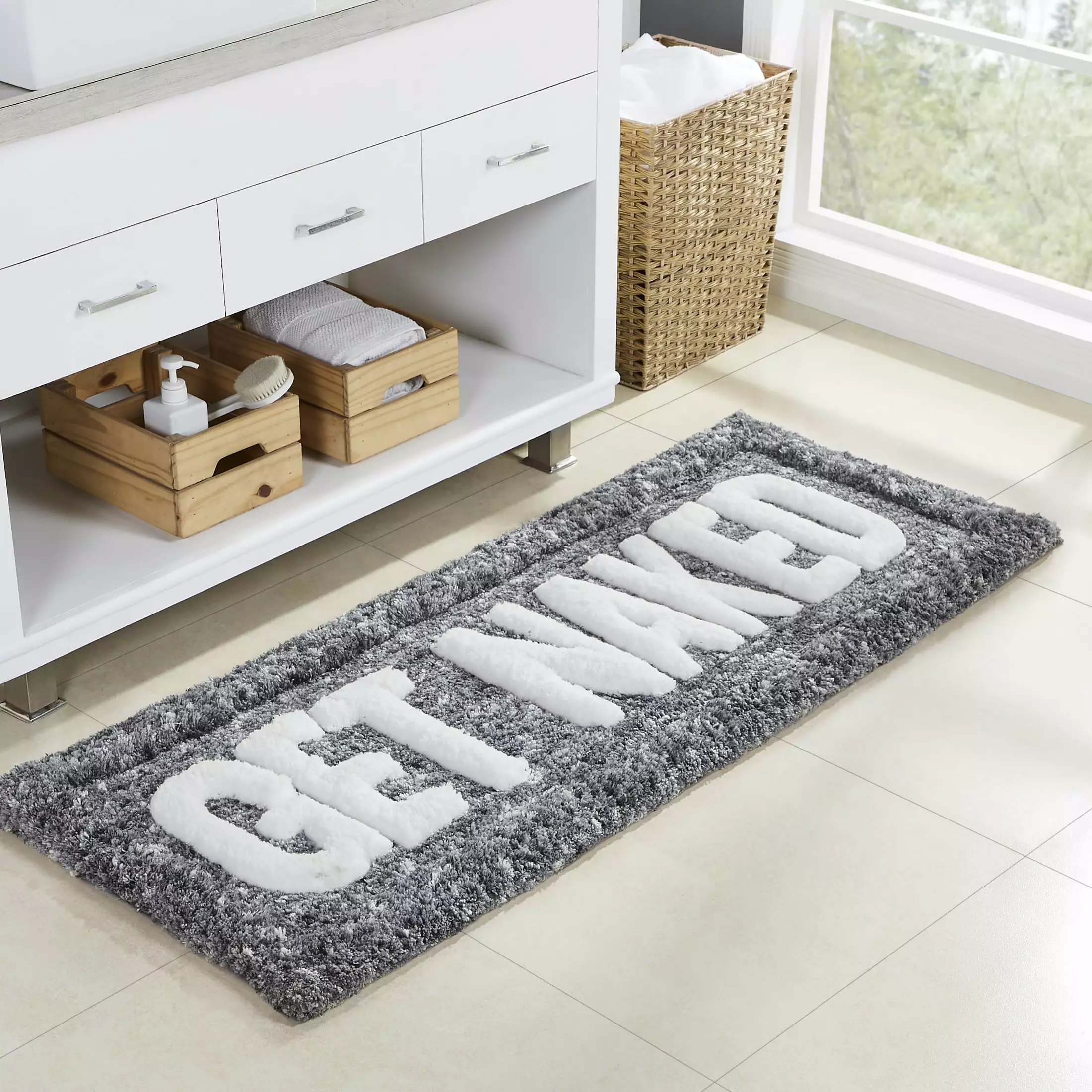 VCNY Home Get Naked Typography Charcoal Polyester Bath Rug. 24 x 60